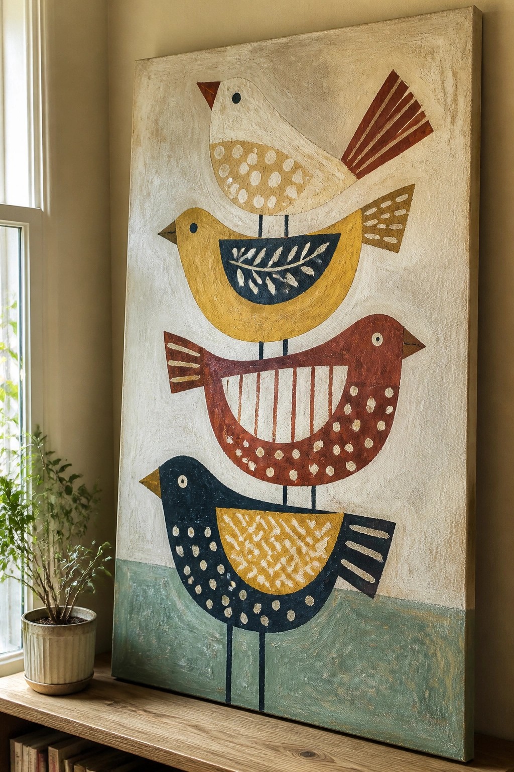 Stacked colorful abstract birds painting beside potted plant and window