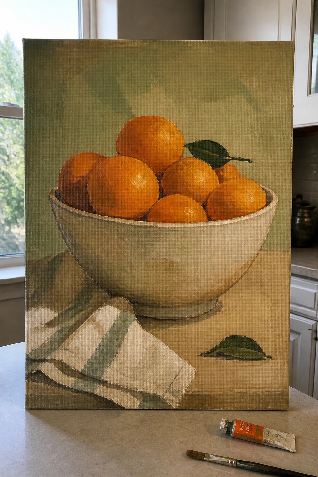 A realistic oil painting of oranges in a white bowl on a canvas with a striped cloth and paint supplies nearby.