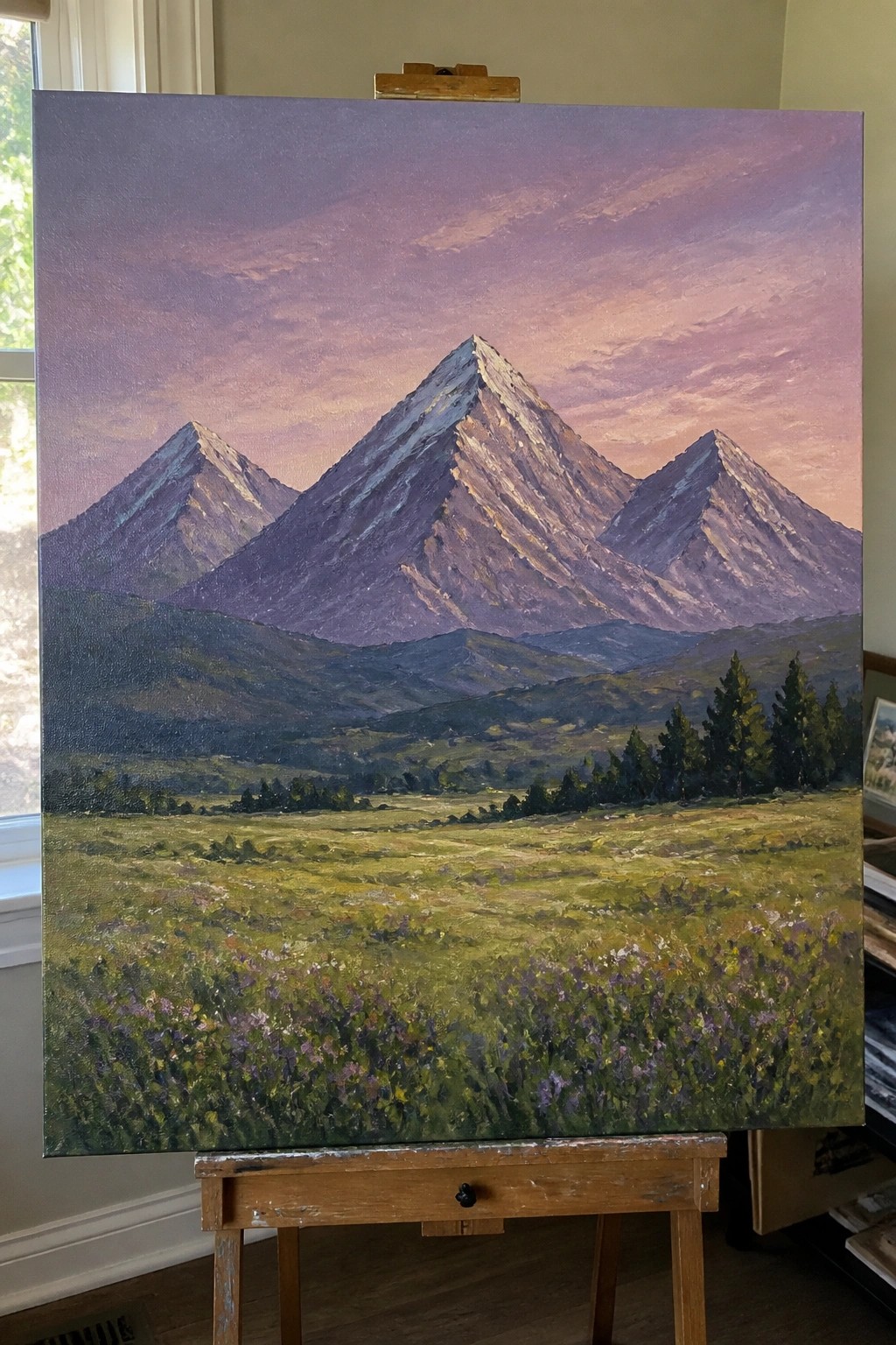 Oil painting of jagged mountains under pink-purple sky above wildflower meadow on easel