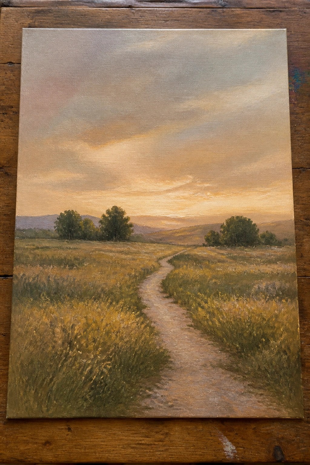 Winding dirt path through wildflower meadow with trees and colorful sunset sky