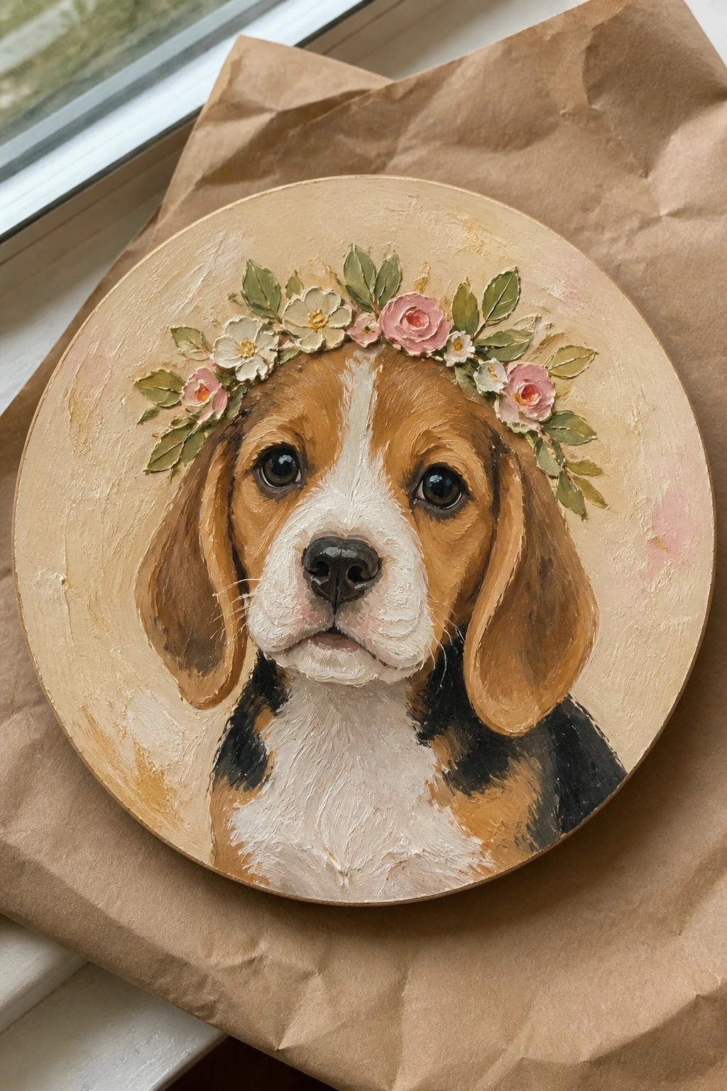 Oil painting of a beagle puppy wearing a crown of pink and white flowers on a round canvas.