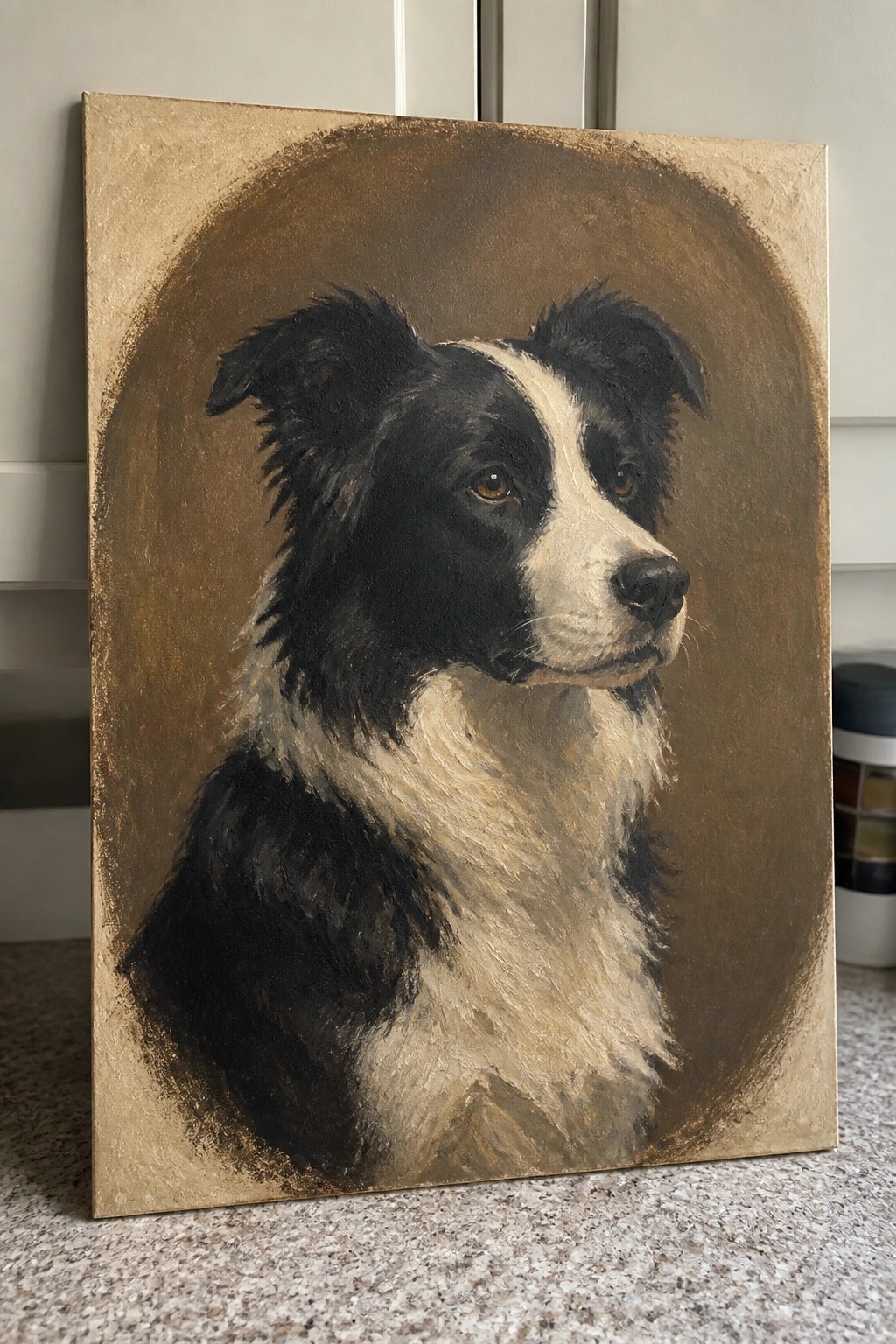 Oil painting of black and white Border Collie with brown eyes on textured background