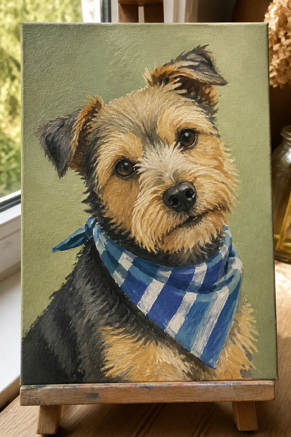 Realistic painting of scruffy terrier dog wearing blue checkered bandana on green canvas.