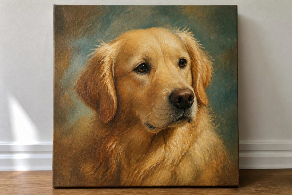 Golden retriever portrait painting on canvas against wall on wooden floor.