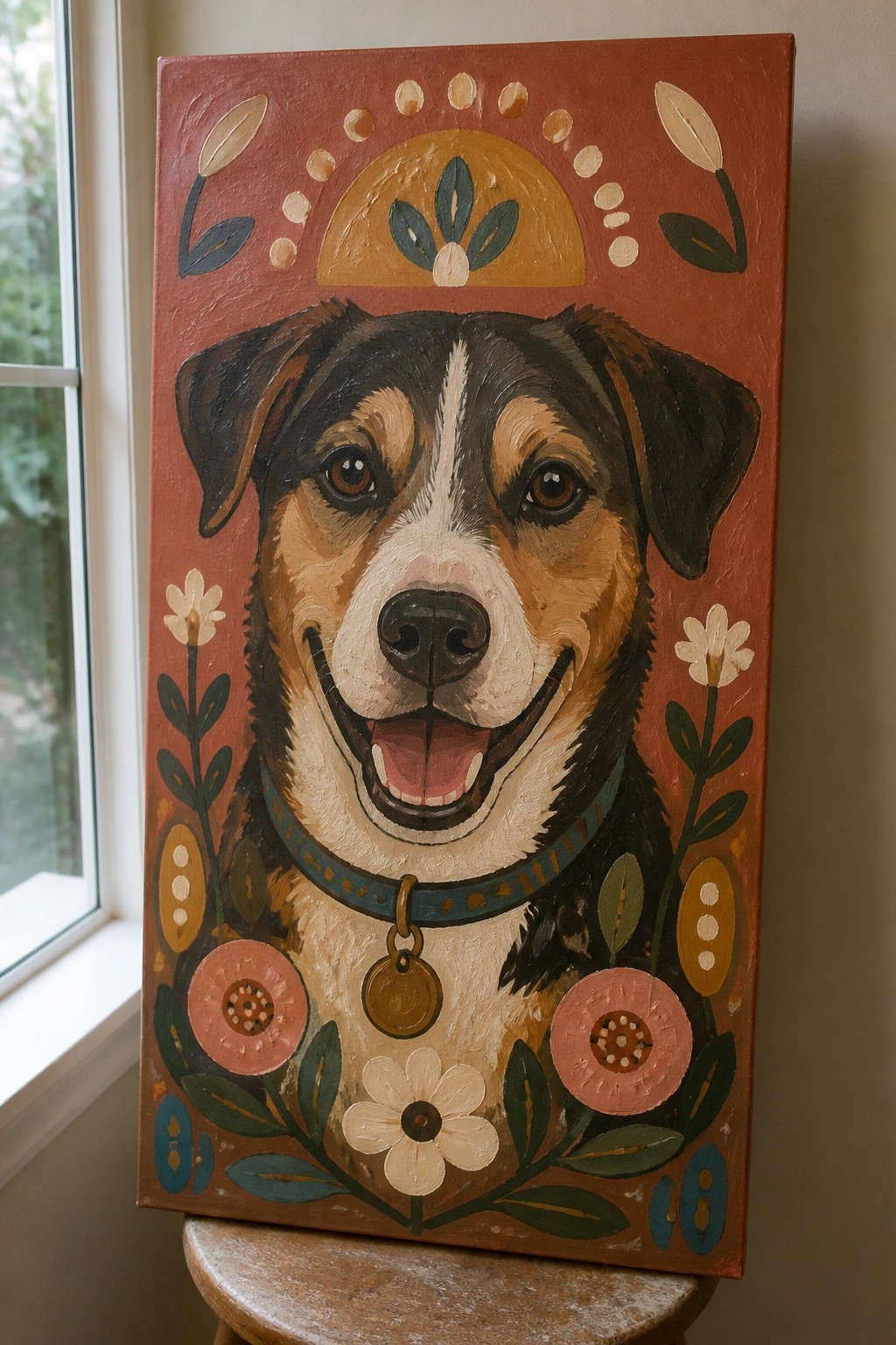 Folk-art painting of a smiling tricolor dog amid flowers on reddish canvas.