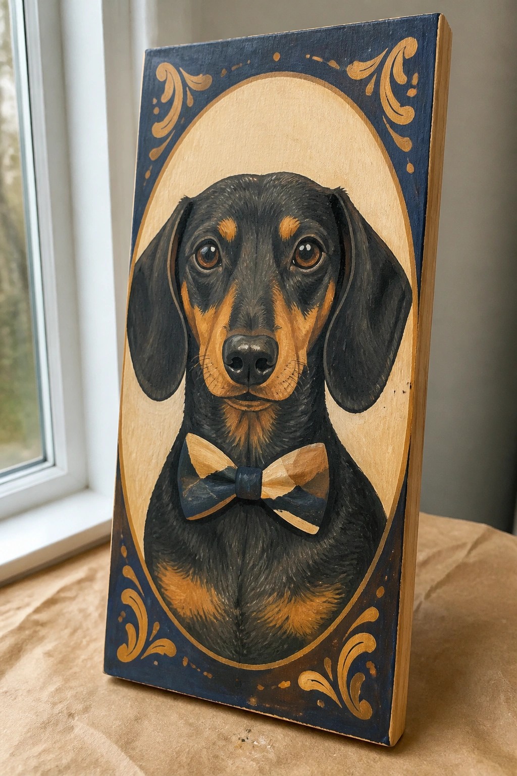 An oil painting of a black and tan dachshund with a bow tie centered in an oval frame with gold decorative borders on dark blue.