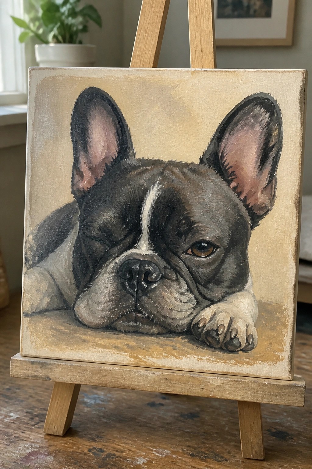 Realistic painting of a black and white French bulldog resting on a wooden easel