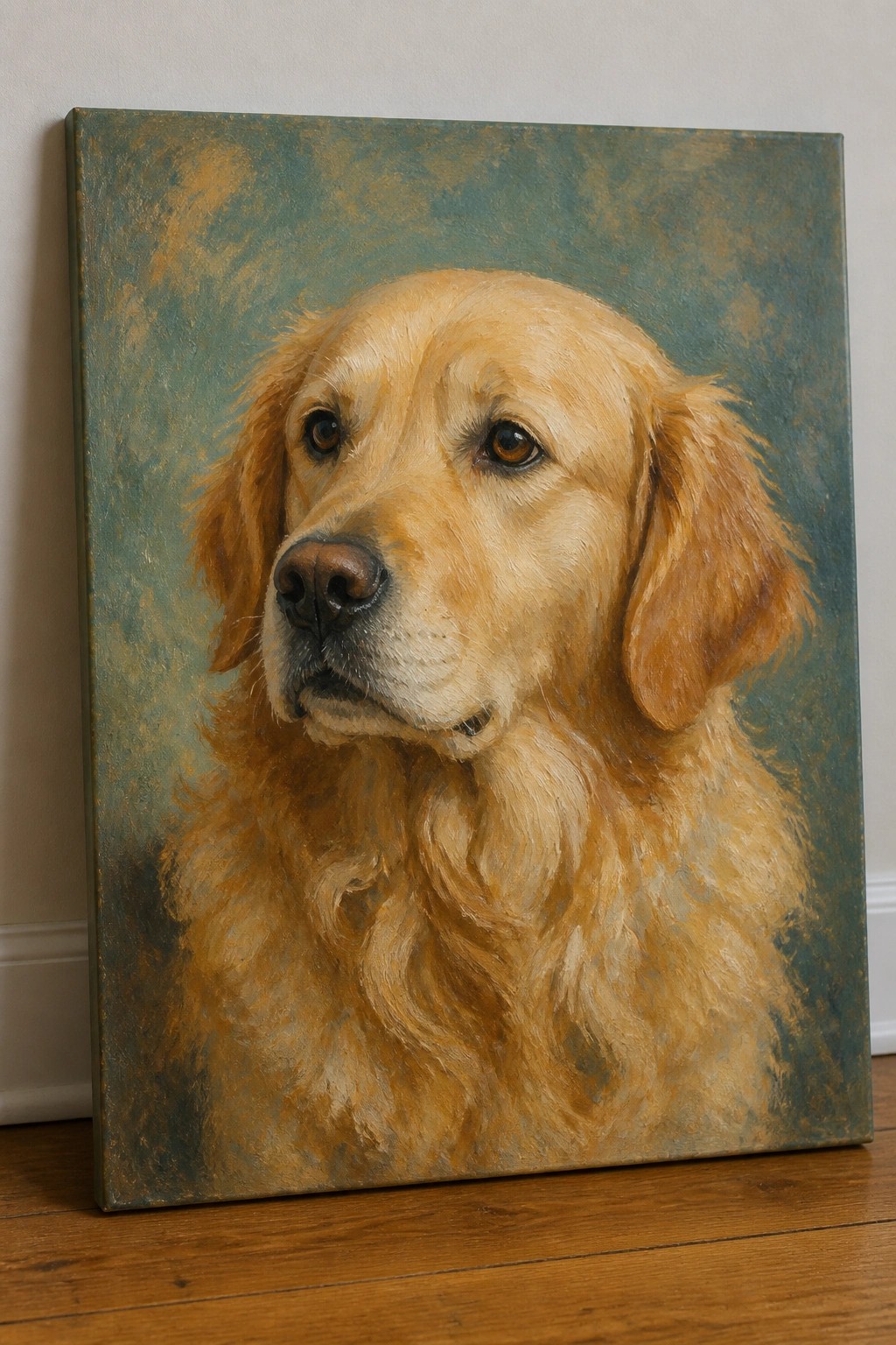 Golden retriever portrait painting on canvas against wall on wooden floor.