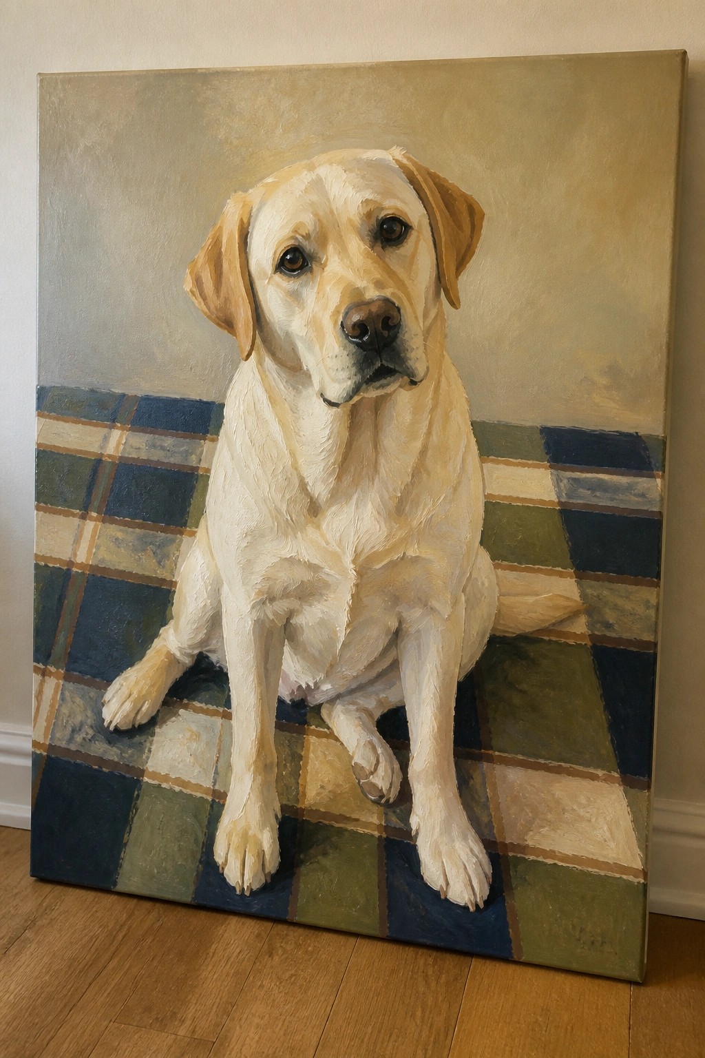 Yellow Labrador retriever sitting on blue-green plaid fabric in oil painting