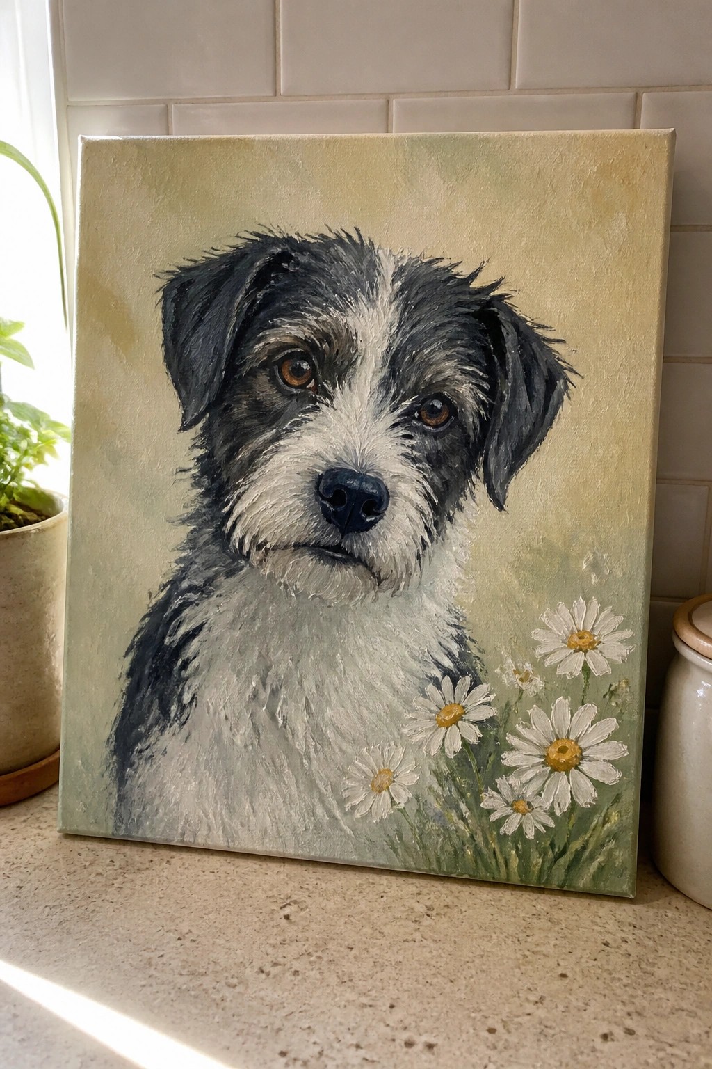 Painting of a black and white shaggy dog with white daisies on canvas