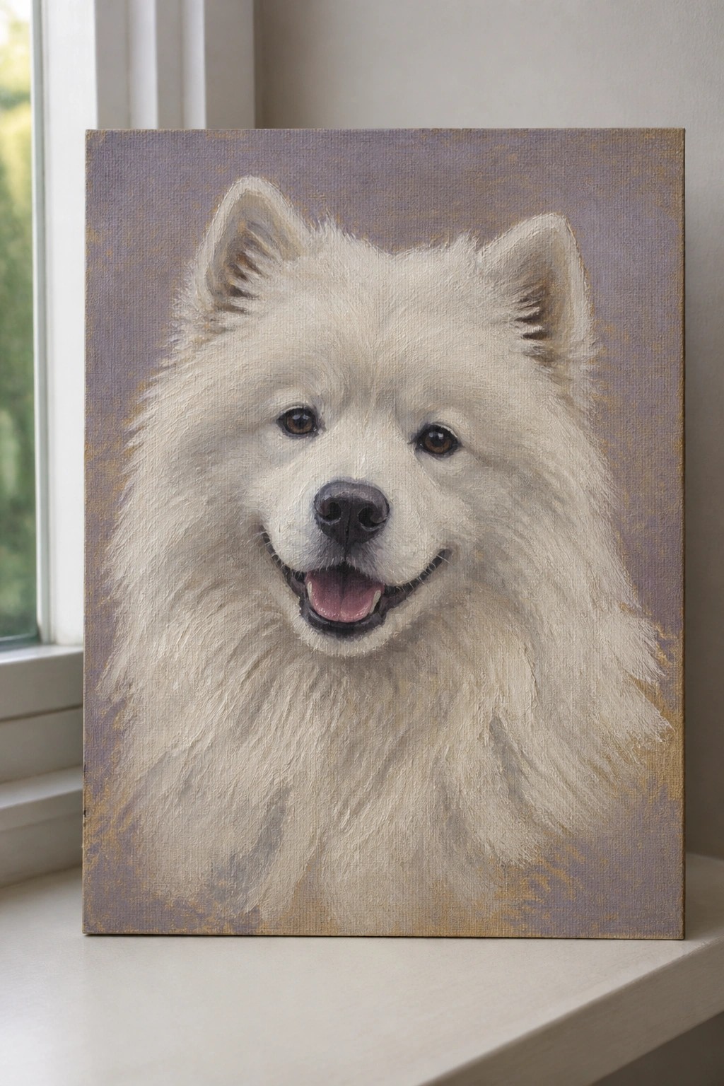 Realistic painting of a smiling white Samoyed dog on canvas by a window