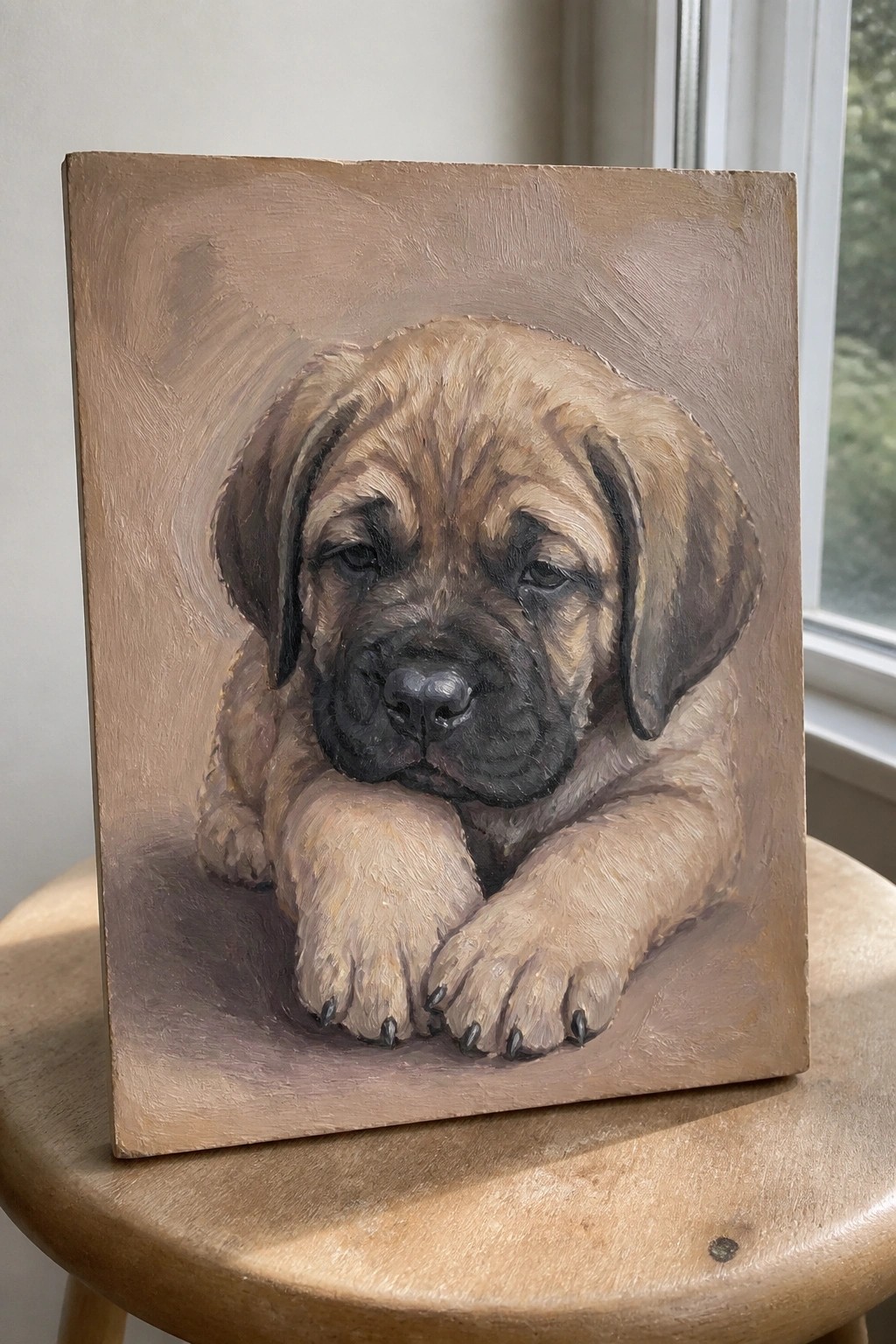 Oil painting of a brown mastiff puppy resting its head on front paws on canvas