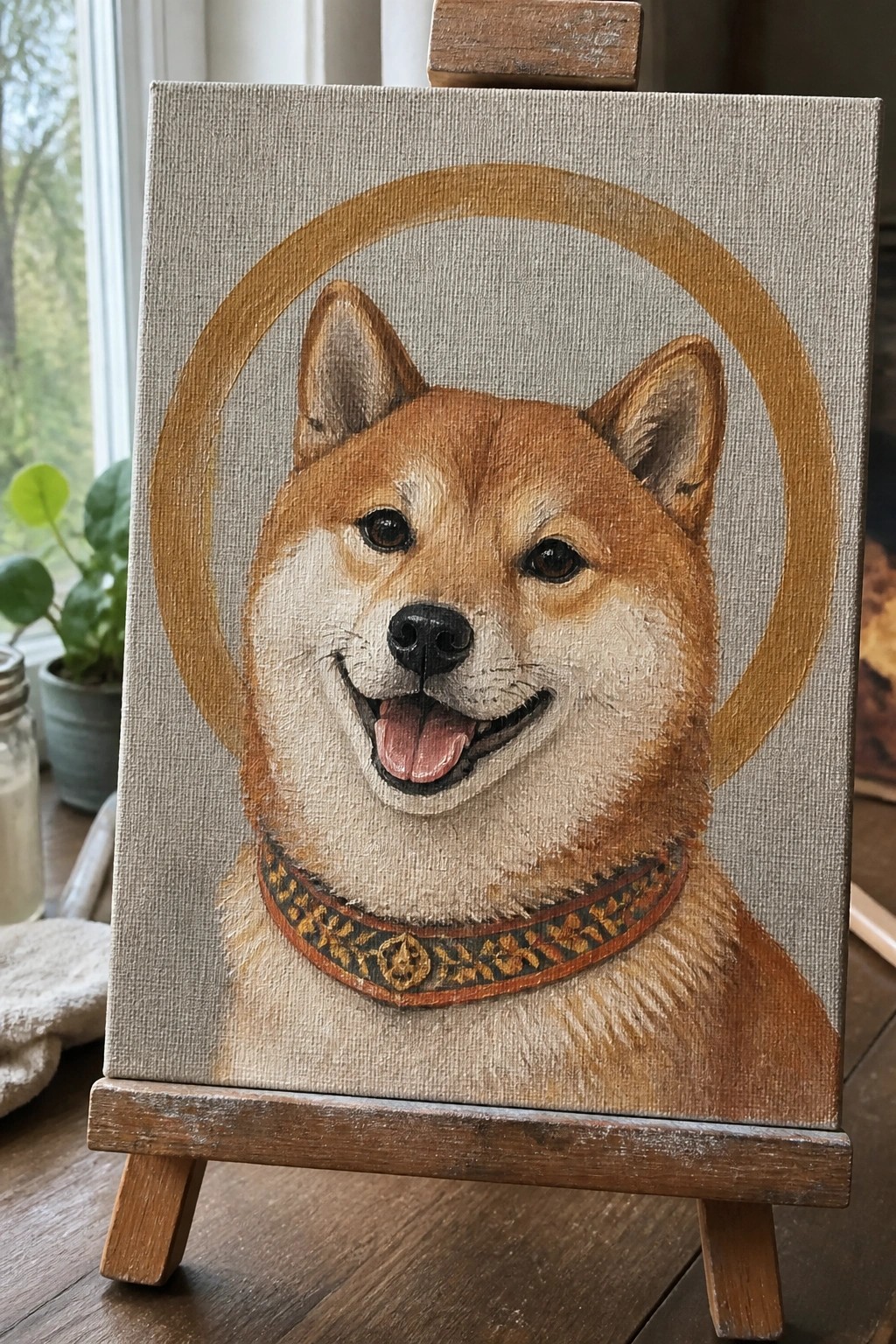 Realistic painting of smiling Shiba Inu with golden halo and patterned collar on canvas.