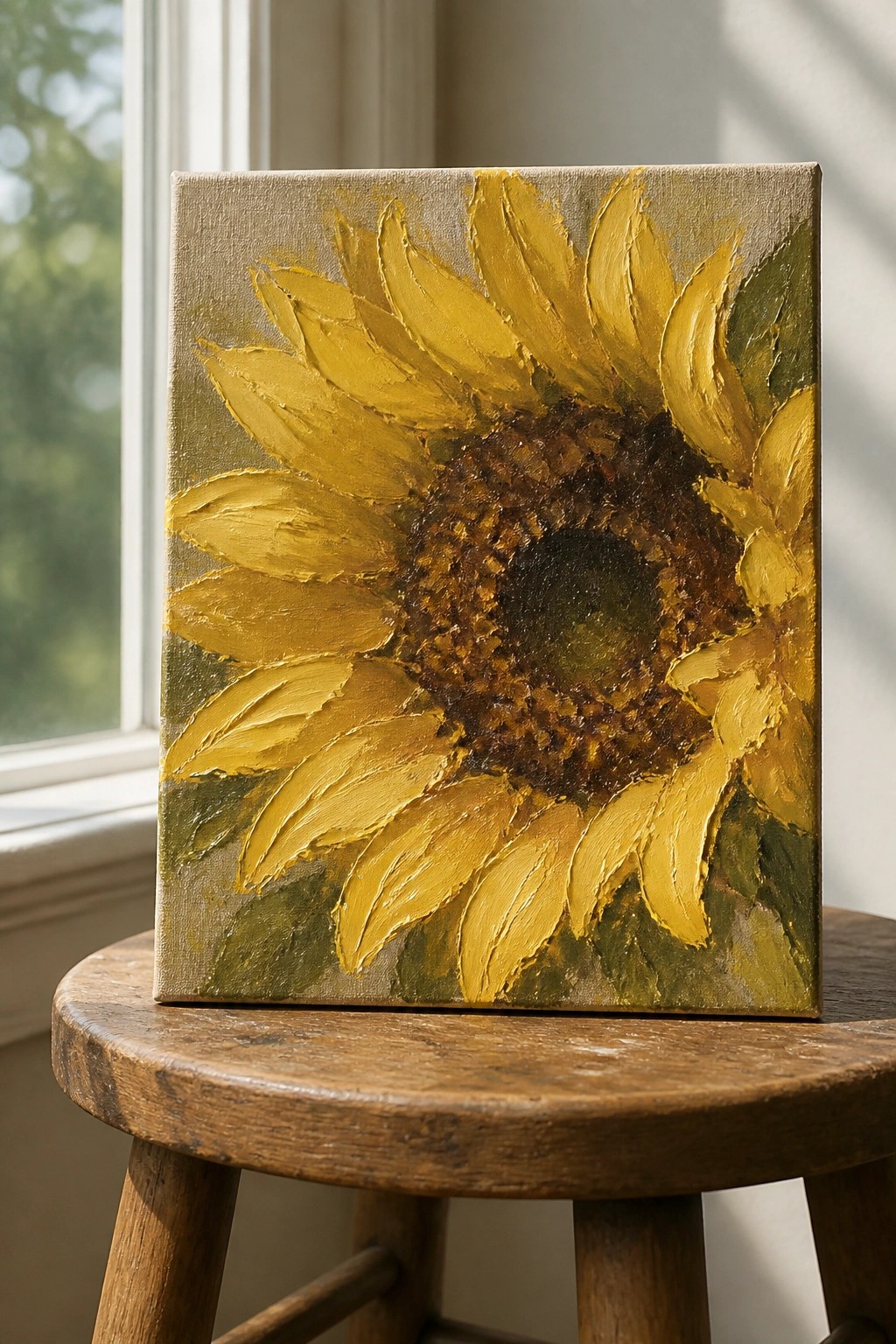 Yellow sunflower painting on canvas atop wooden stool by window.