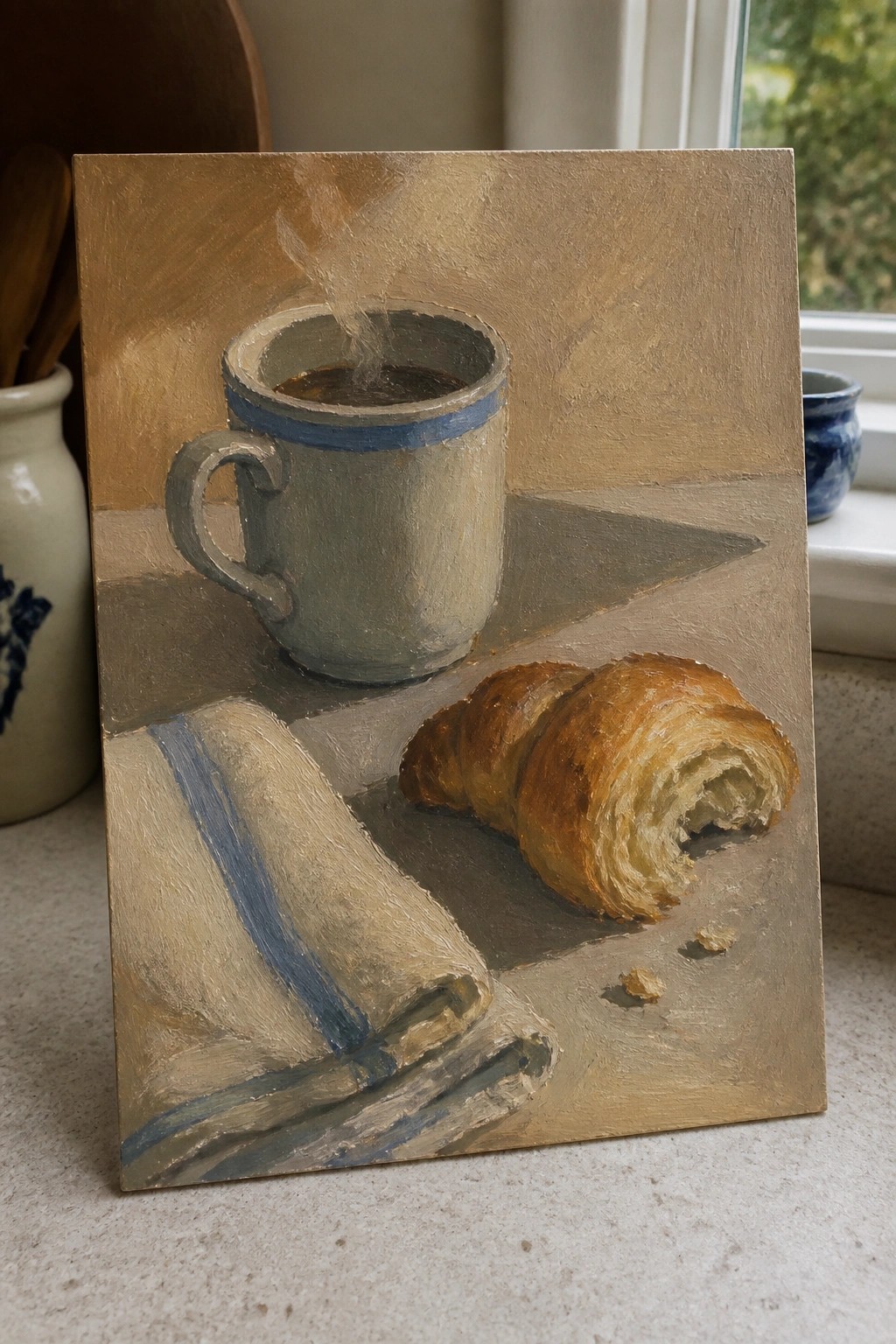 Oil painting of steaming mug, bitten croissant, and blue-striped cloth on a ledge.
