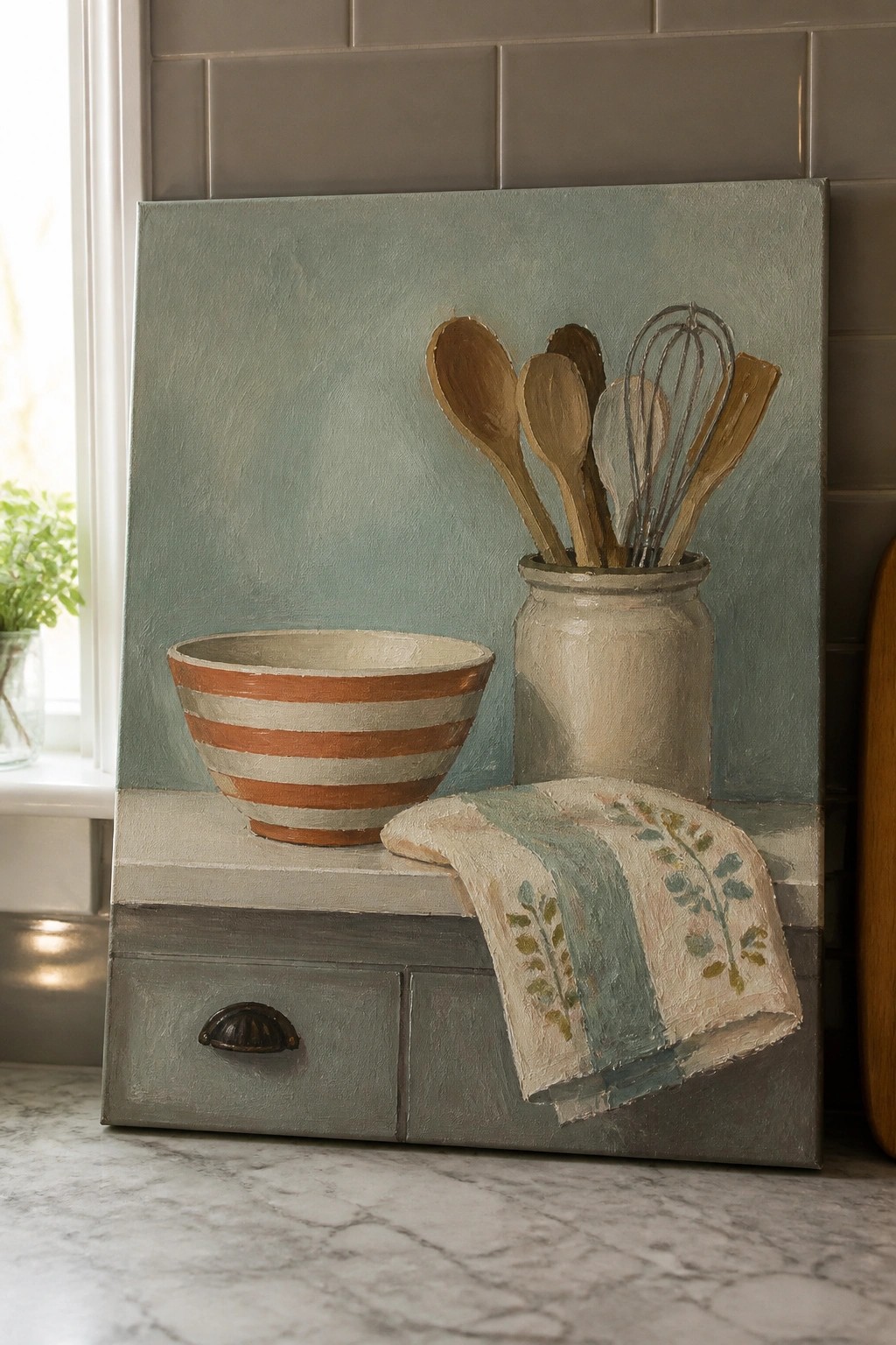 Still life painting of striped bowl, utensil jar, and embroidered cloth on gray cabinet.