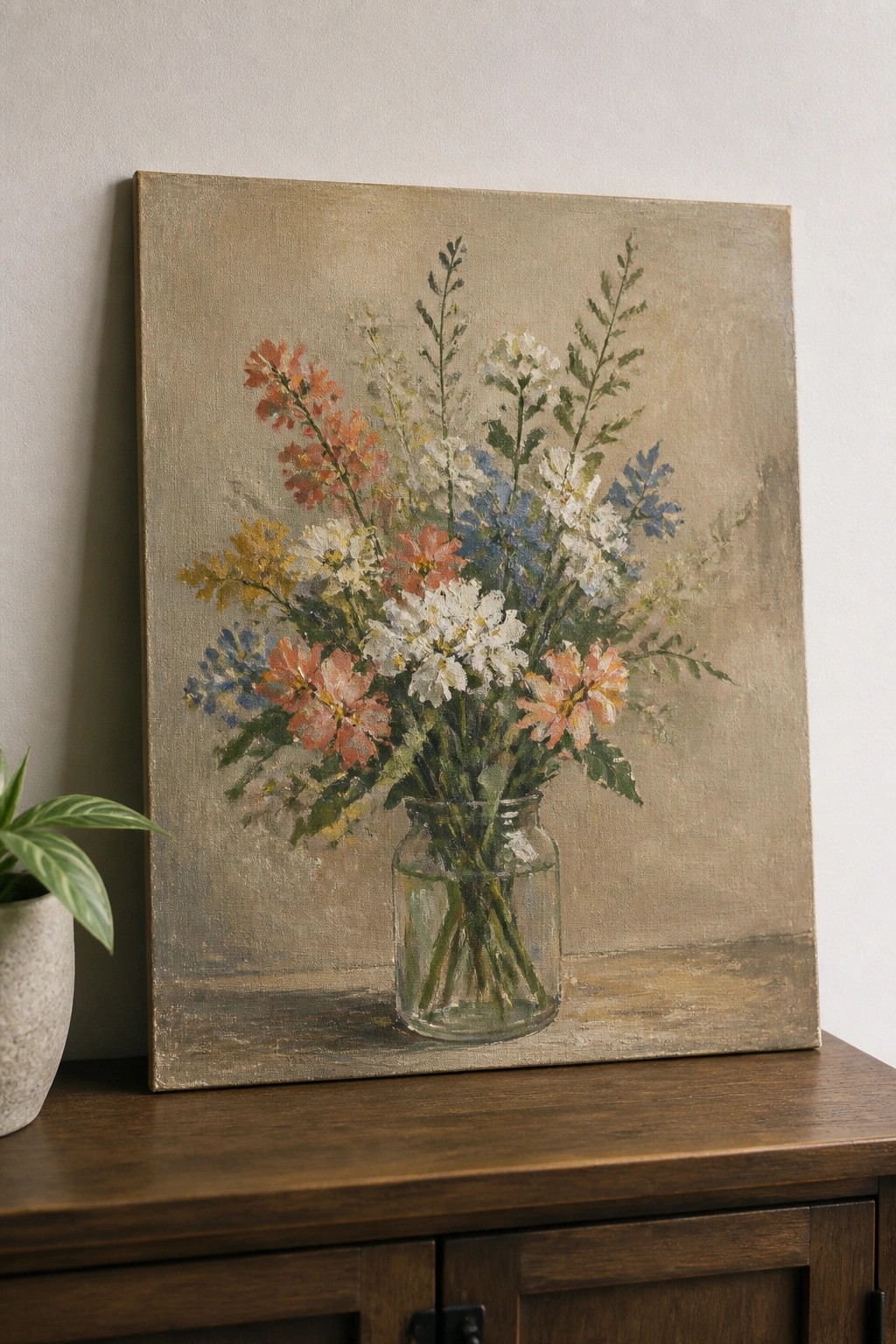 Still life painting of colorful flowers in glass jar on wooden cabinet