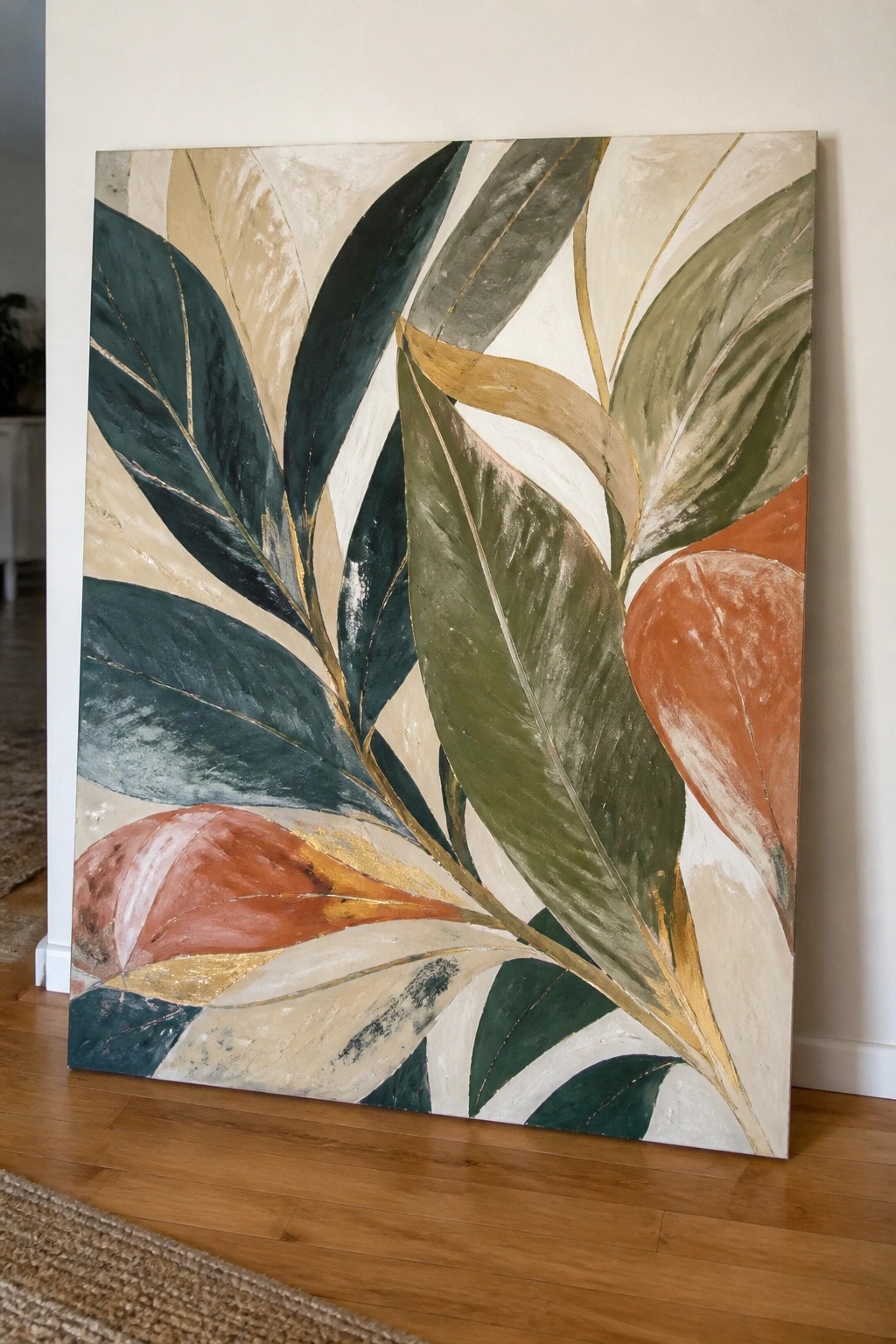 Abstract painting of large leaves in green, rust, beige, and gold on canvas