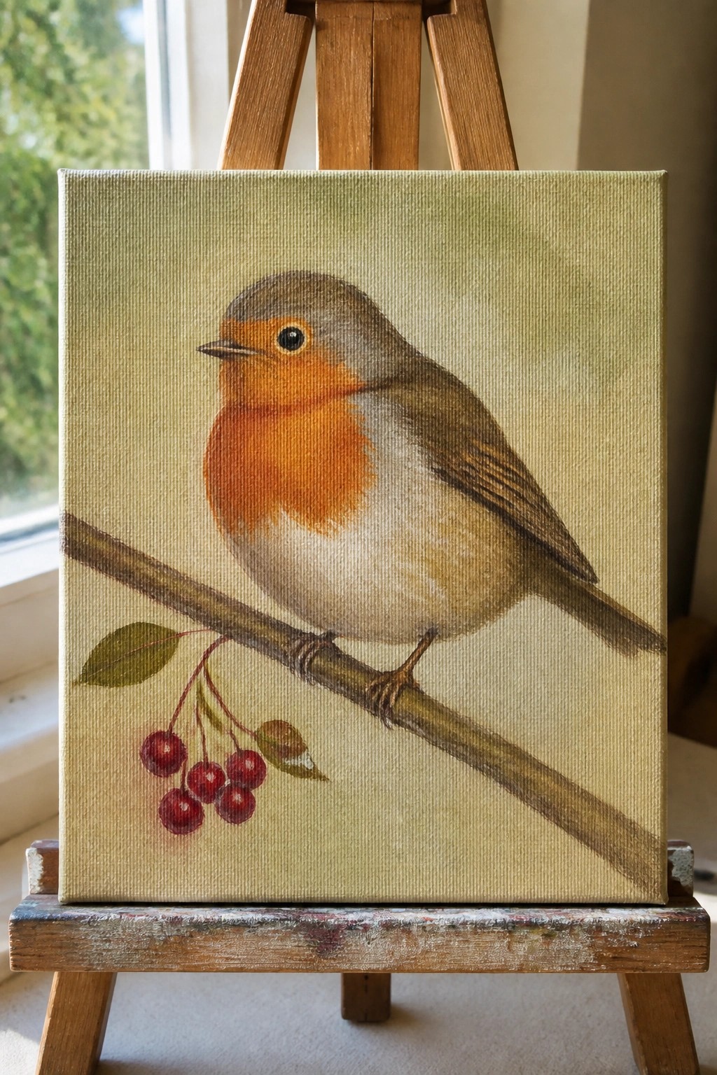 Painting of robin on berry branch displayed on wooden easel with light green background