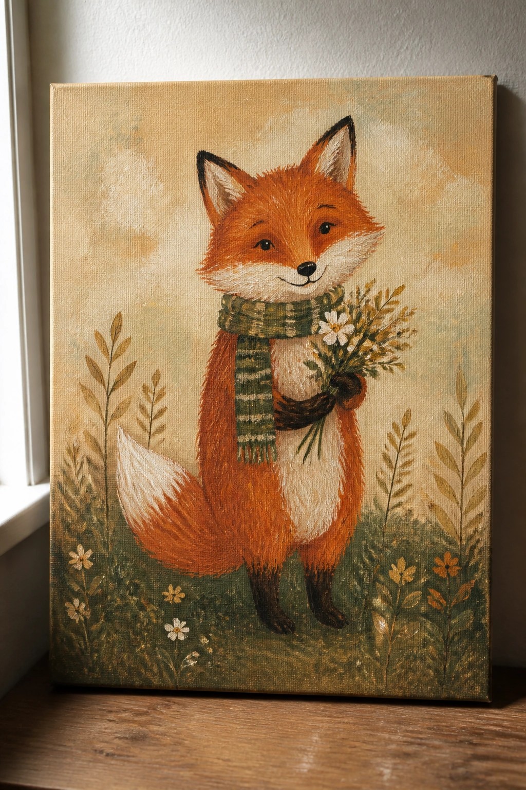 Orange fox in green scarf holds wildflower bouquet amid meadow plants and flowers