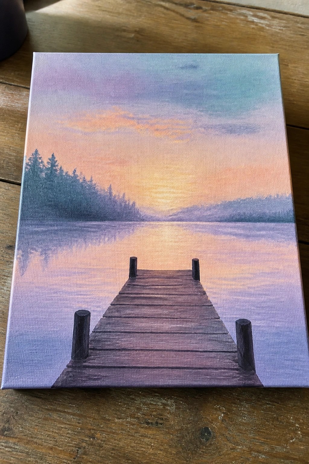 Canvas painting of wooden dock at sunset over calm lake with purple-orange sky