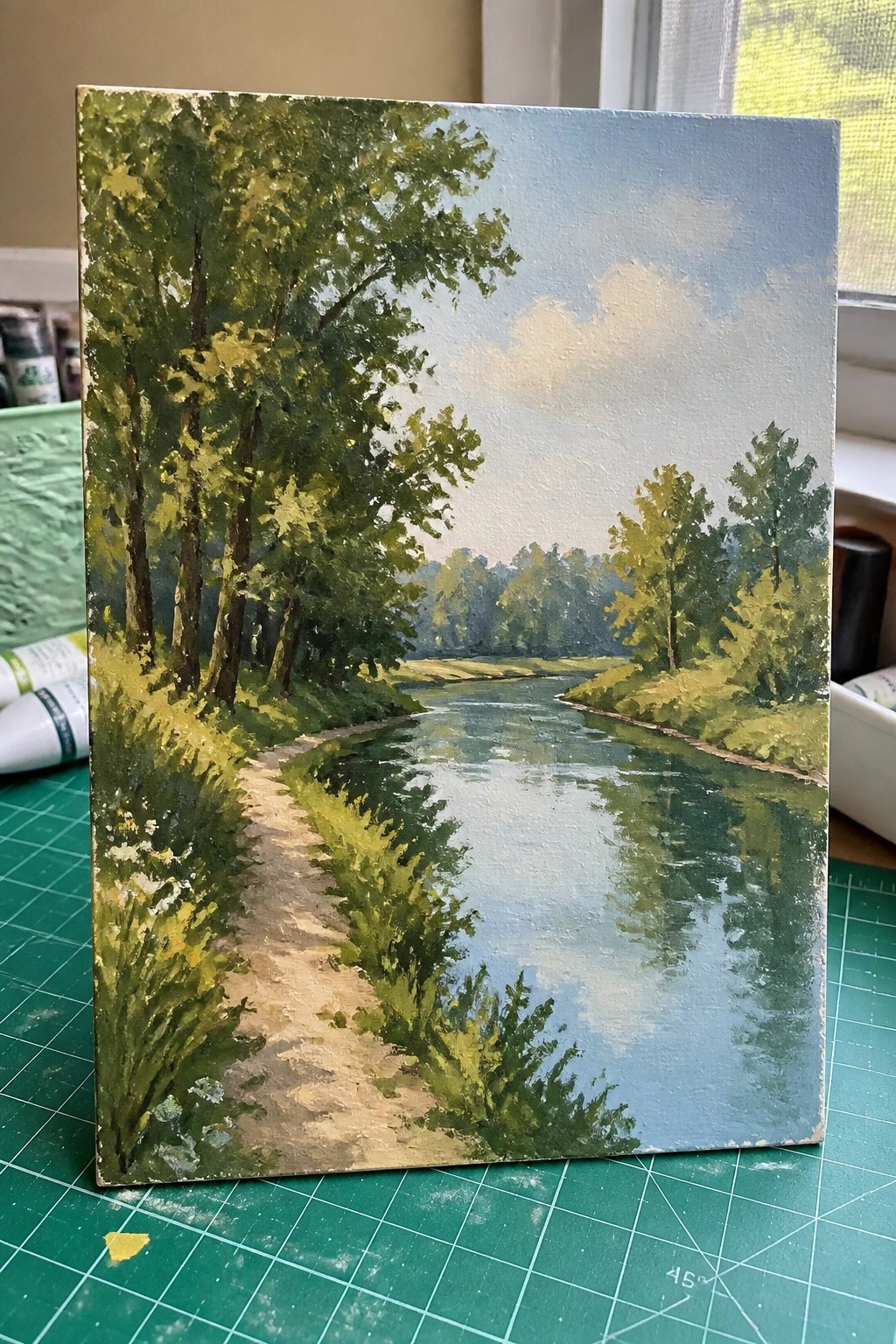 Landscape painting of winding river with tree-lined path under blue sky on canvas