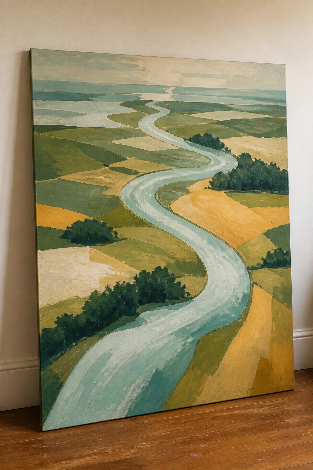 Large landscape painting of winding turquoise river through green and yellow fields