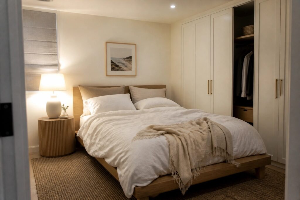 24 Luminous Paint Colors for Windowless Rooms and Dark Corners Minimalist bedroom with wooden bed, white linens, bedside lamp, and built-in closet