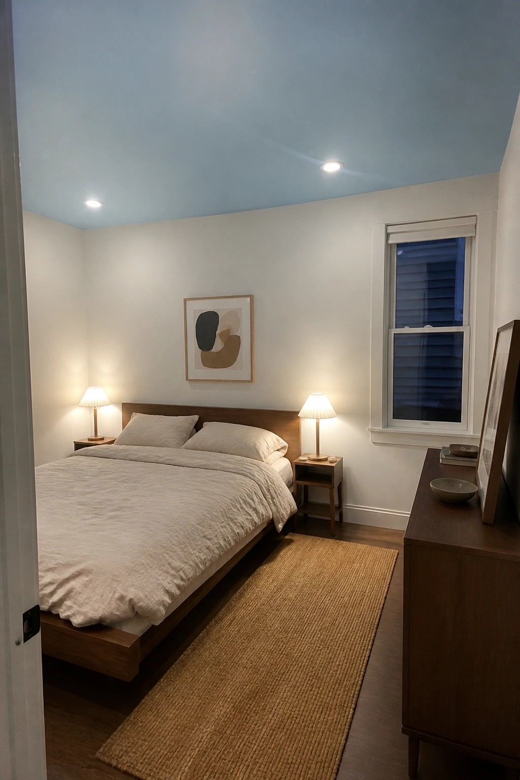 A bedroom featuring a soft blue ceiling above a wooden bed frame and white walls.
