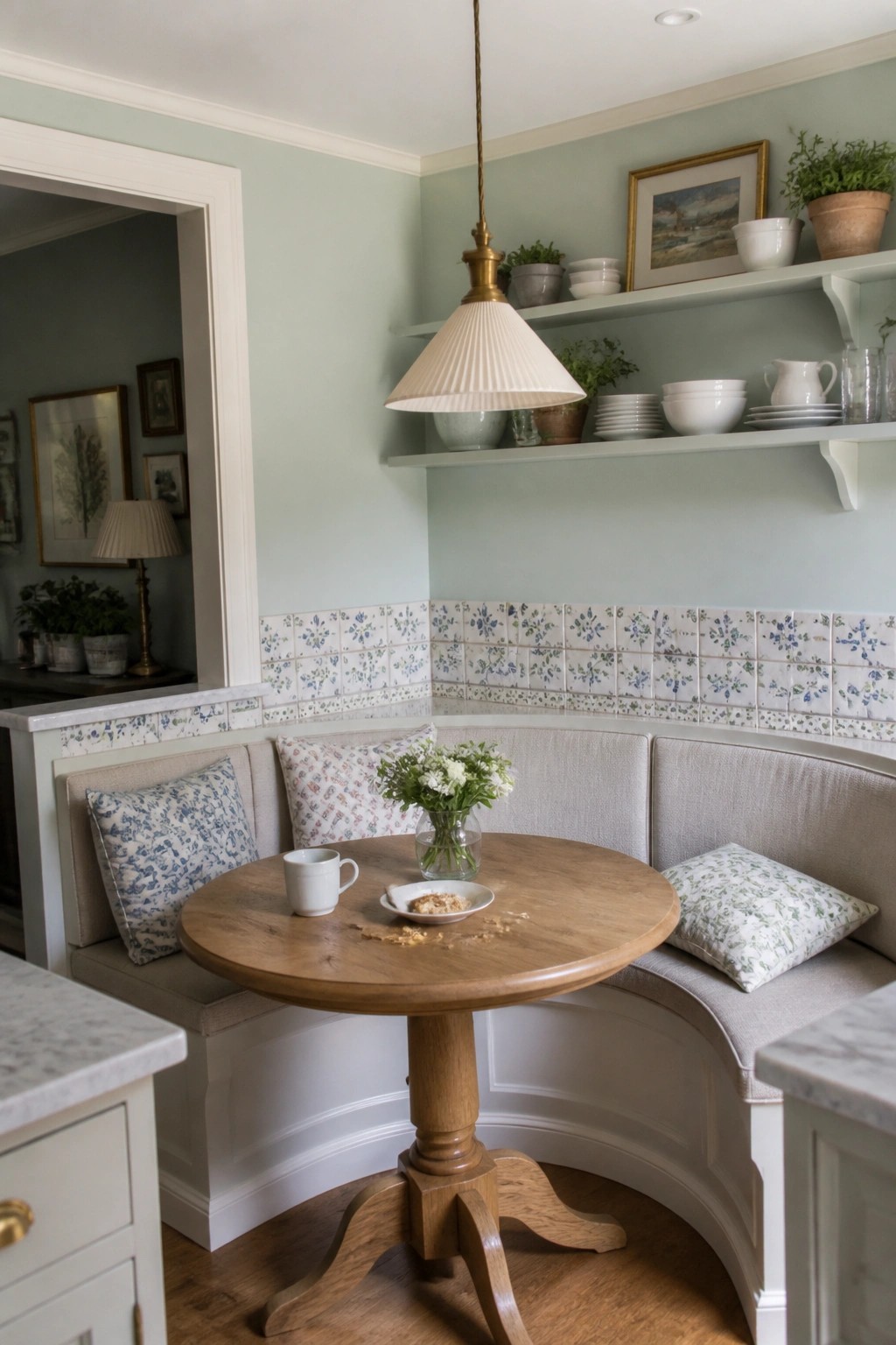 Light sage green walls above blue floral tile in a built-in corner nook.