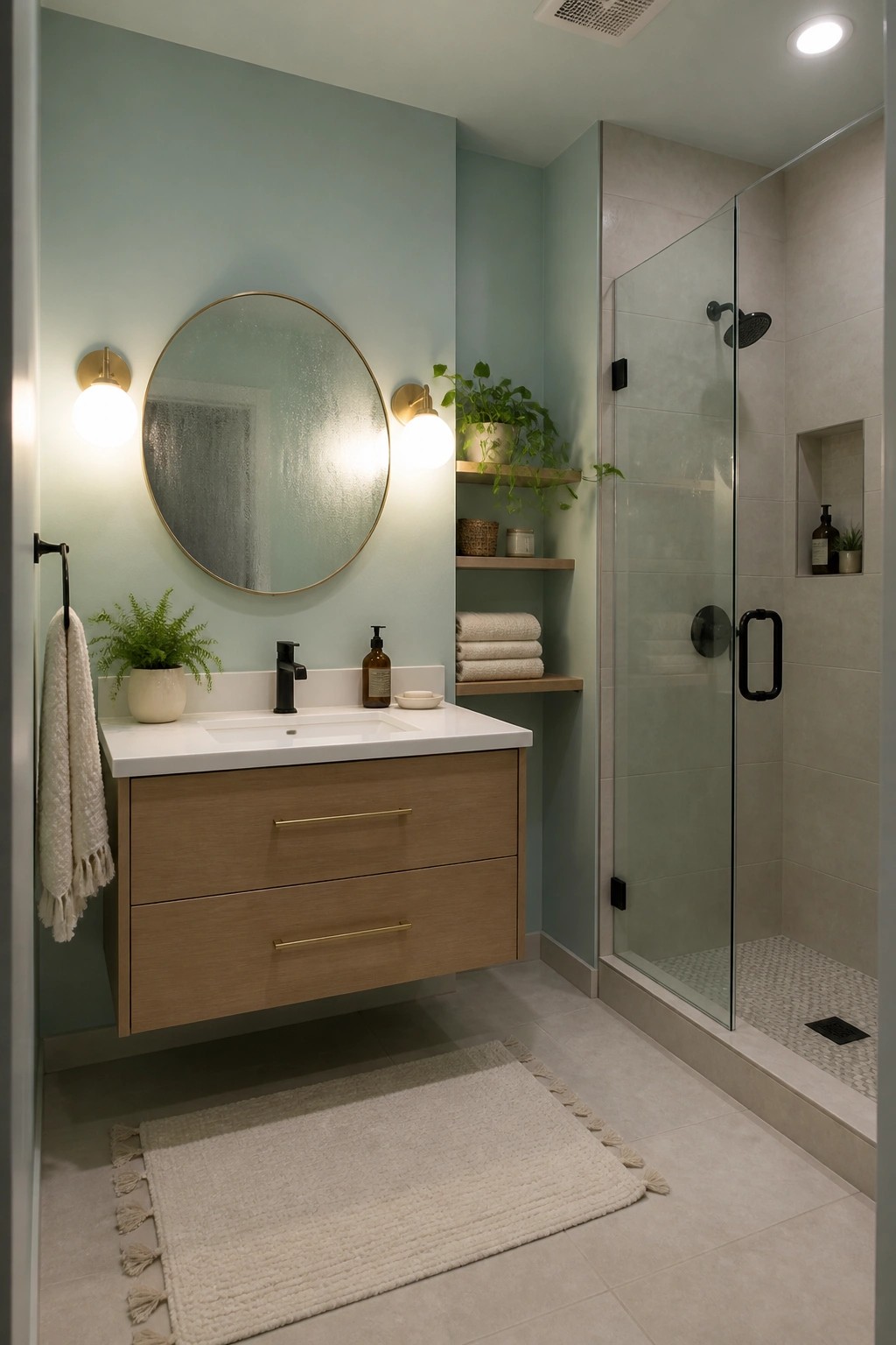 Soft sage green walls in a small modern bathroom with a floating wood vanity.