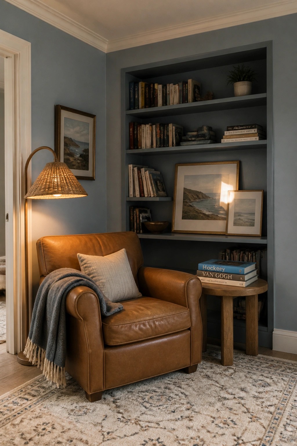 A muted blue gray painted across the walls and built-in bookshelves in a cozy reading corner.