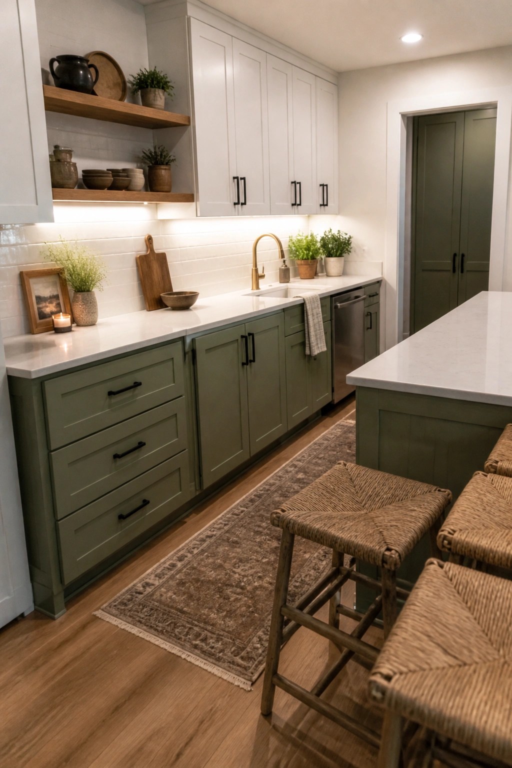 Muted sage green kitchen cabinets with white countertops and a white tile backsplash.