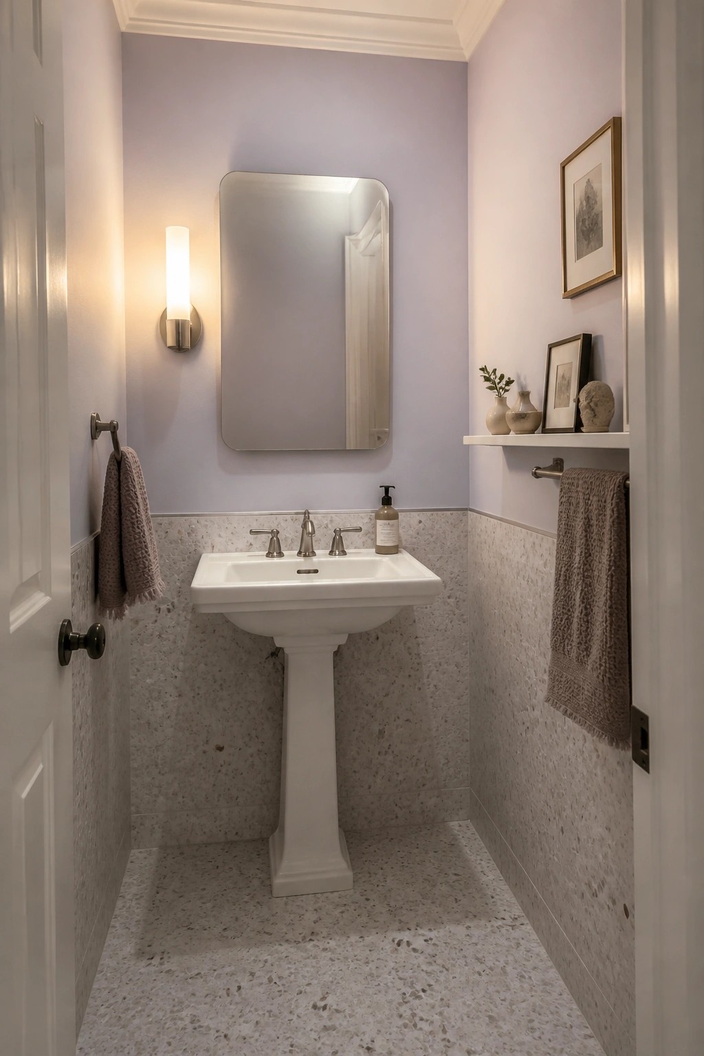 A small bathroom with pale lavender walls, white pedestal sink, and terrazzo wainscoting.