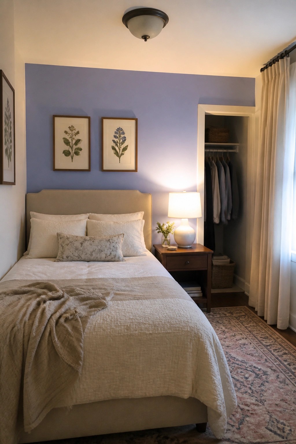 A bedroom featuring soft periwinkle blue walls behind a beige upholstered bed.