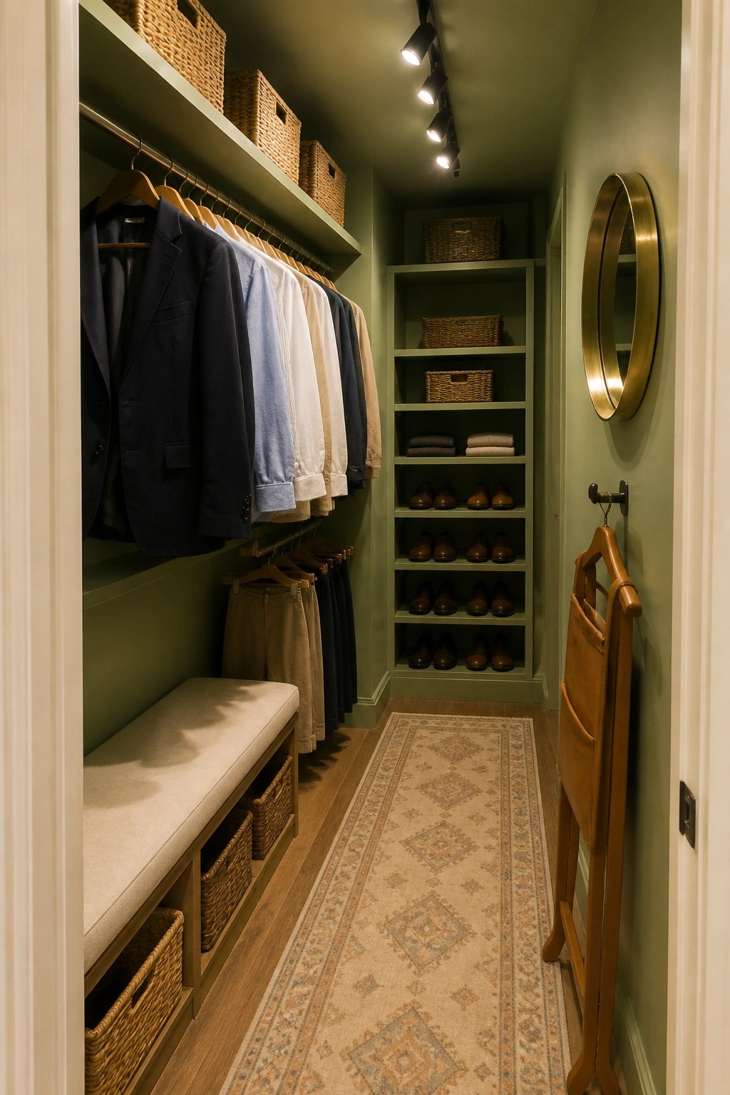 Muted sage green walls and built-in shelving in a narrow walk-in closet.