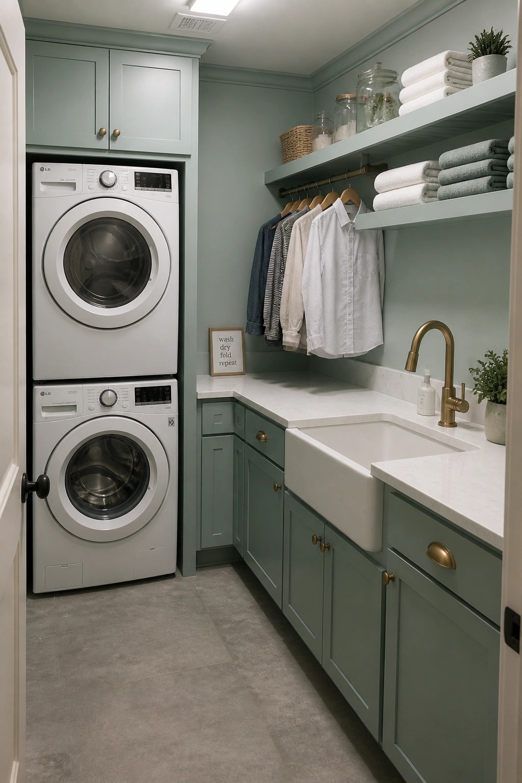 Sage green laundry room with stacked LG washer dryer, white sink, hanging shirts and towels