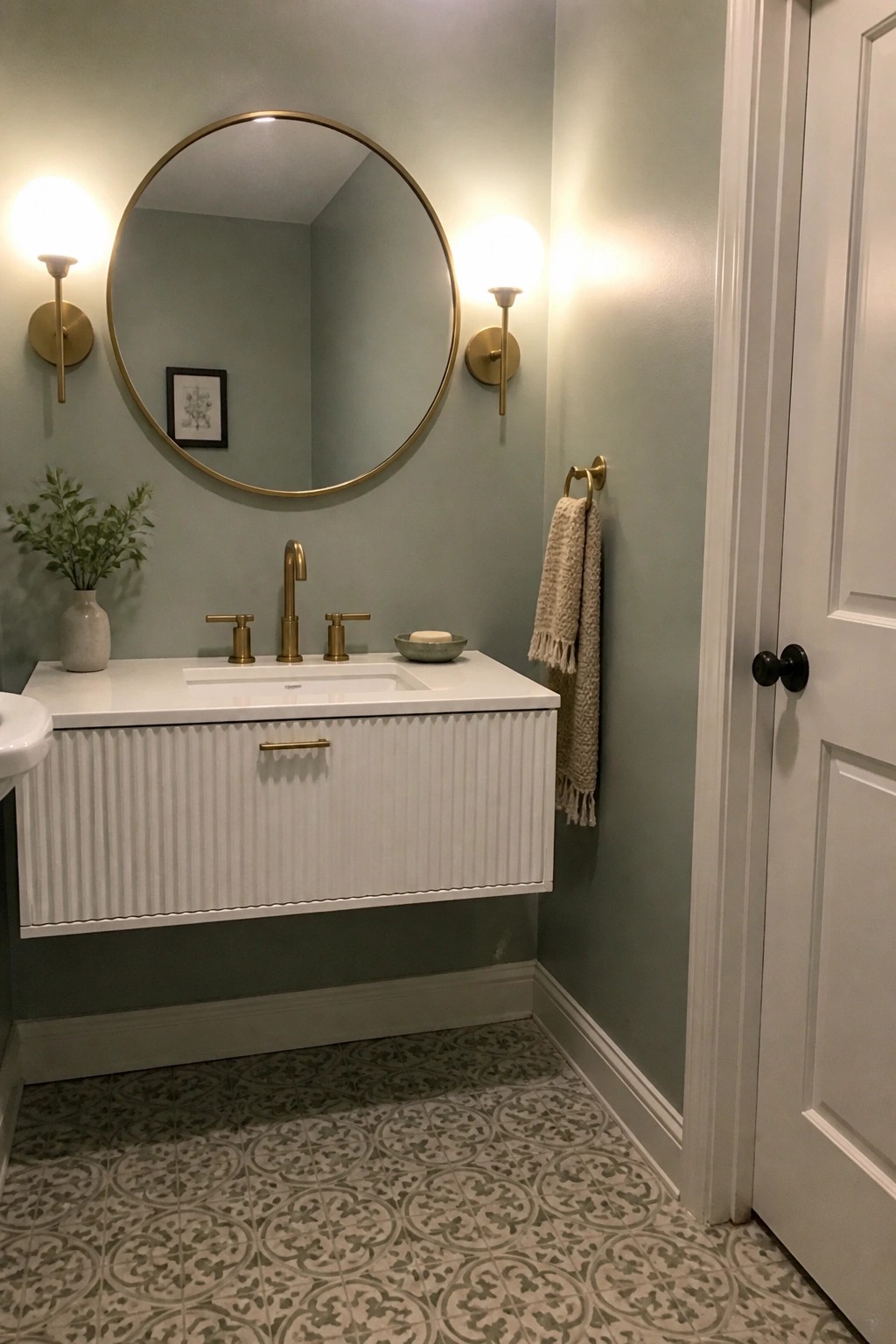 Modern bathroom with white fluted vanity, round gold mirror, sage walls, and patterned tiles.