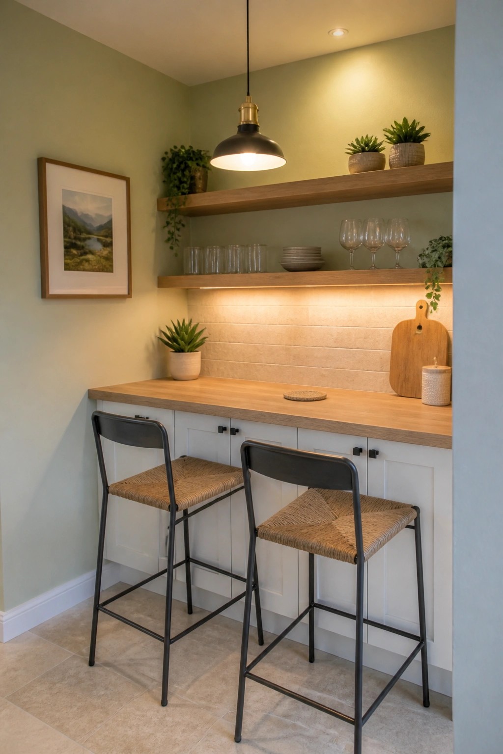 Cozy bar nook with two woven stools, wooden shelves, pendant light, and plants