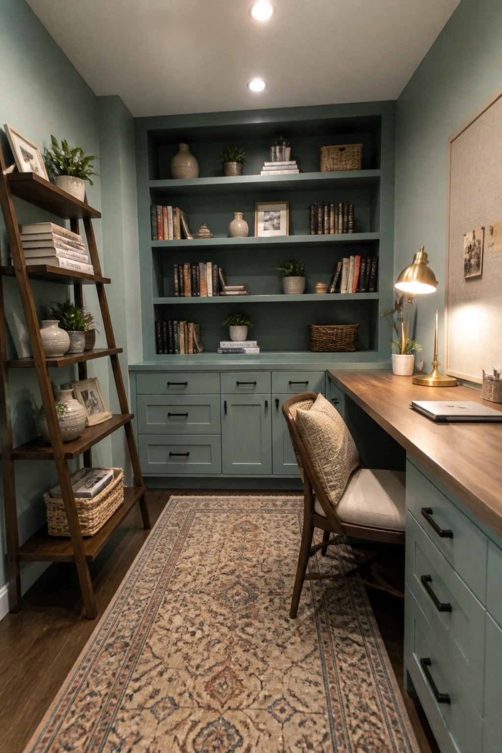 Teal built-in bookshelves, wooden desk, and patterned rug in cozy home office.