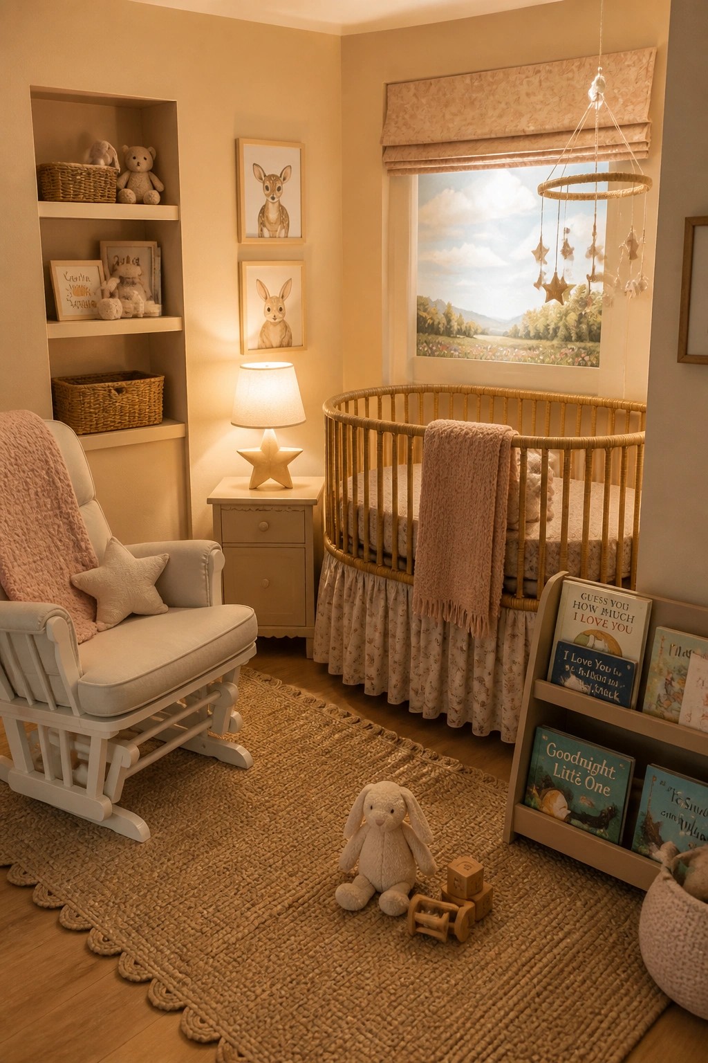 A nursery corner with warm beige walls and a round wooden crib.