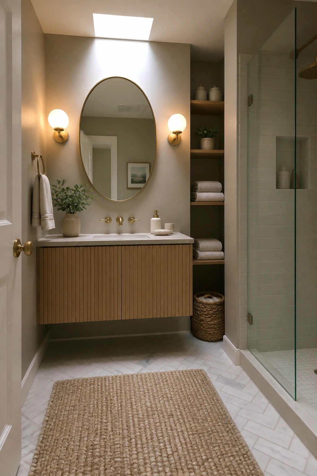 Warm beige walls in a compact bathroom with wood vanity and built-in shelving.