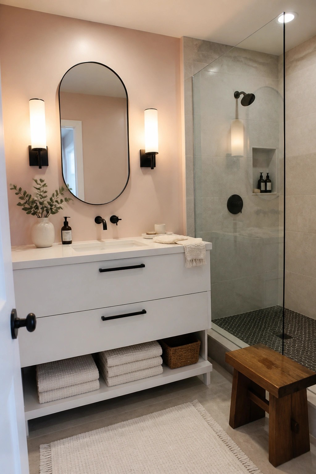 Modern pink bathroom with white vanity, oval mirror, and glass shower.