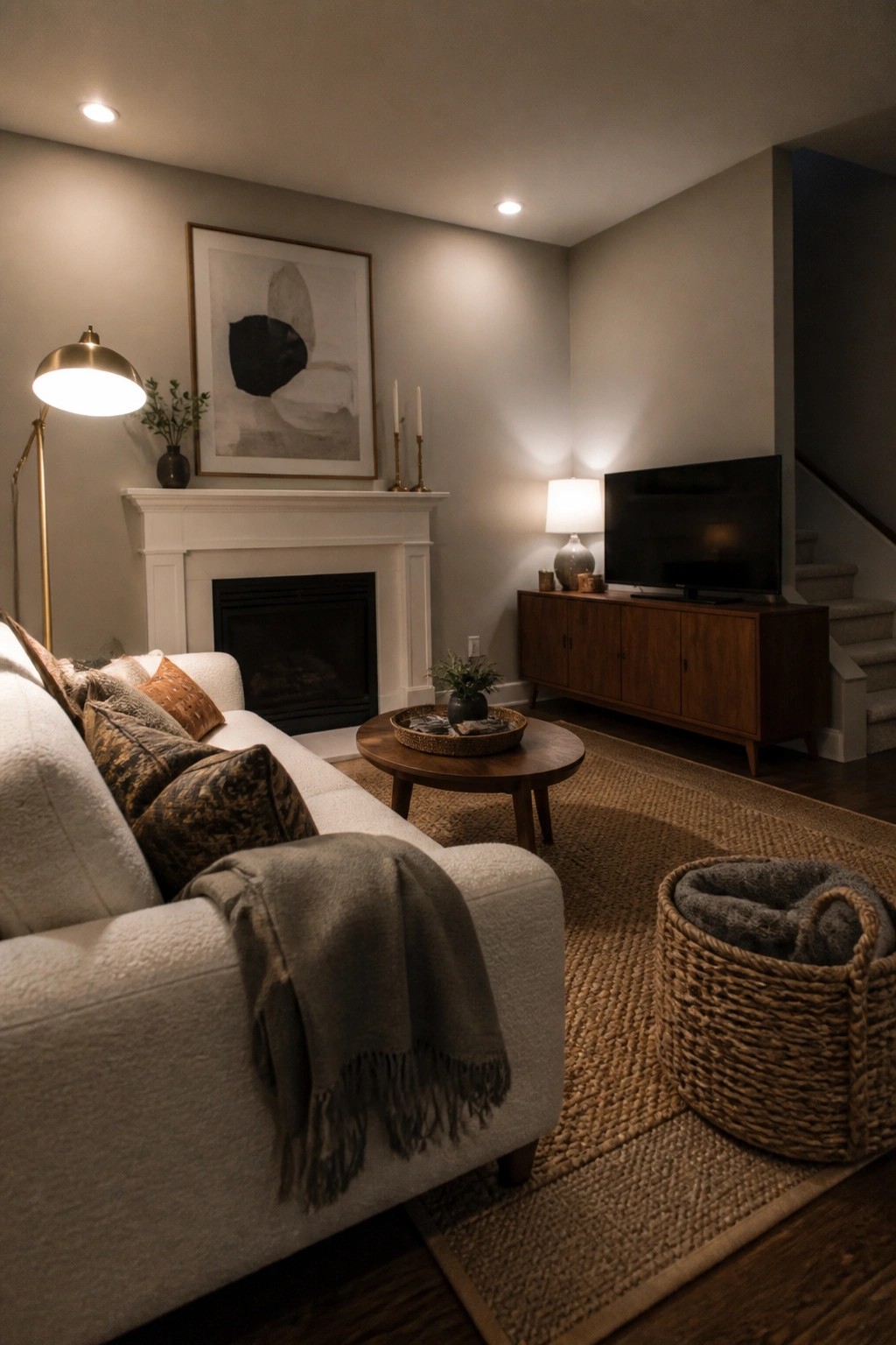Cozy neutral living room with white sofa, round coffee table, fireplace, and TV console.