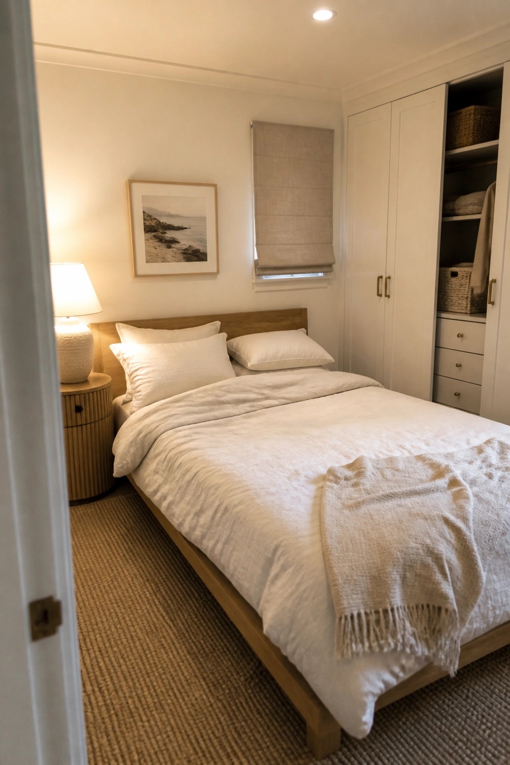 Minimalist bedroom with wooden bed, white linens, bedside lamp, and built-in closet