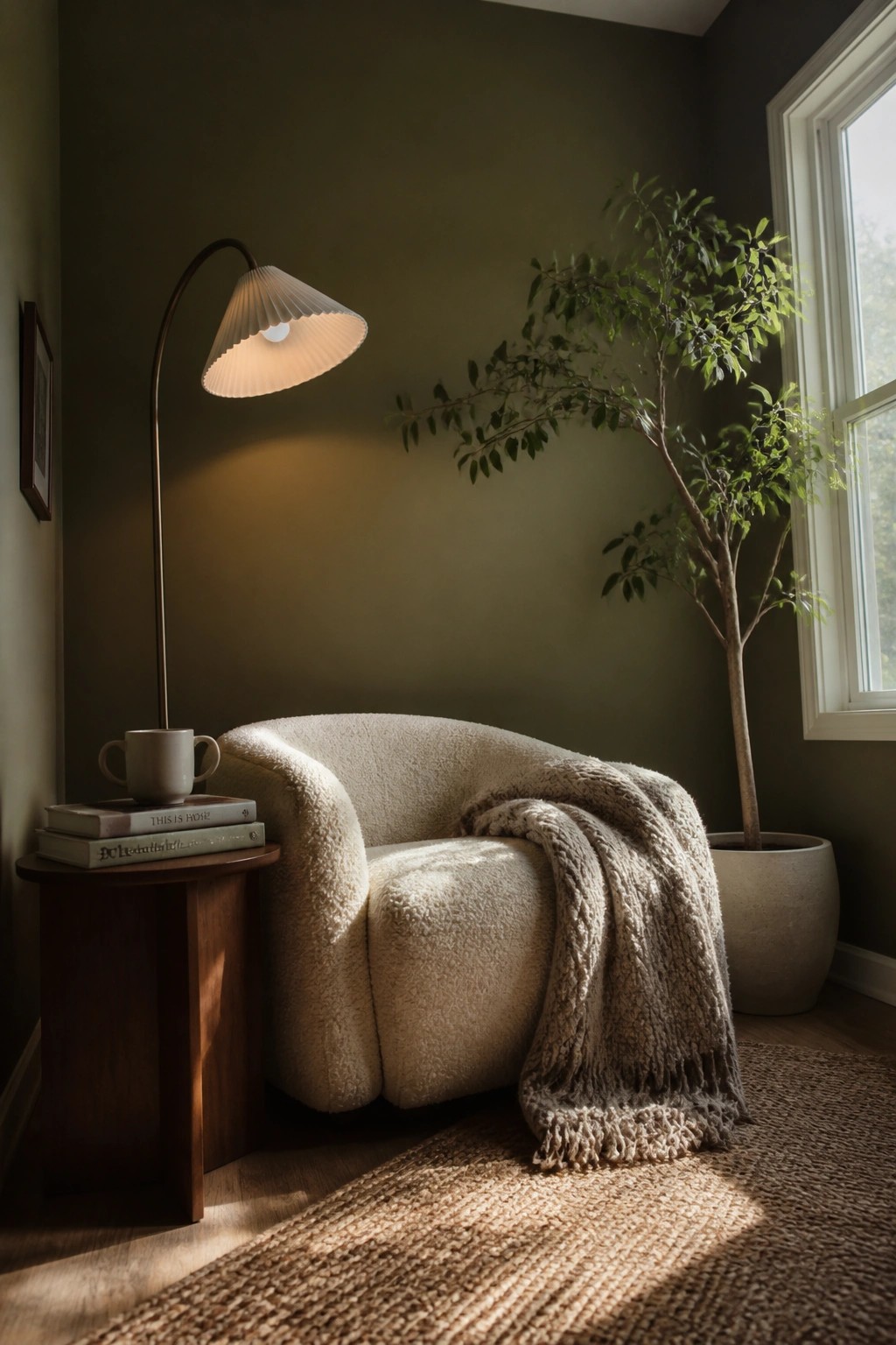 Muted olive green walls in a minimalist living room corner with wood furniture and natural light.
