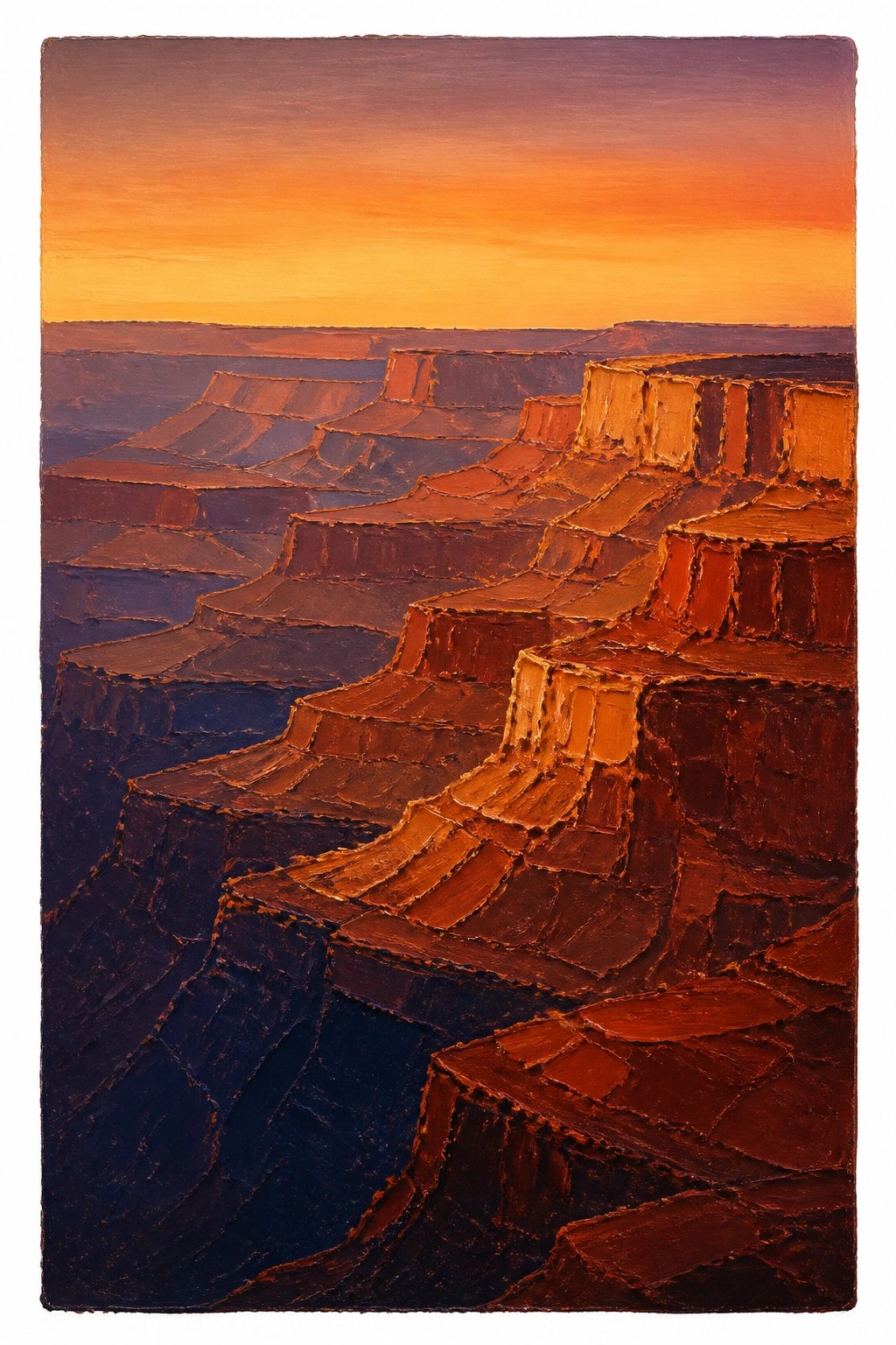 Thickly textured oil painting of a layered canyon at sunset with bright orange highlights on the rims and deep blue purple shadows in the valleys.