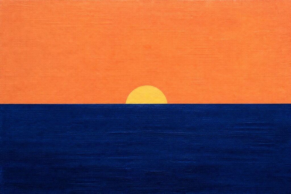 24 Modern Landscape Painting Ideas Using Clean Shapes and Simplified Color A minimalist acrylic painting with an orange gradient sky above a dark blue ocean and a yellow semicircle sun on the horizon.