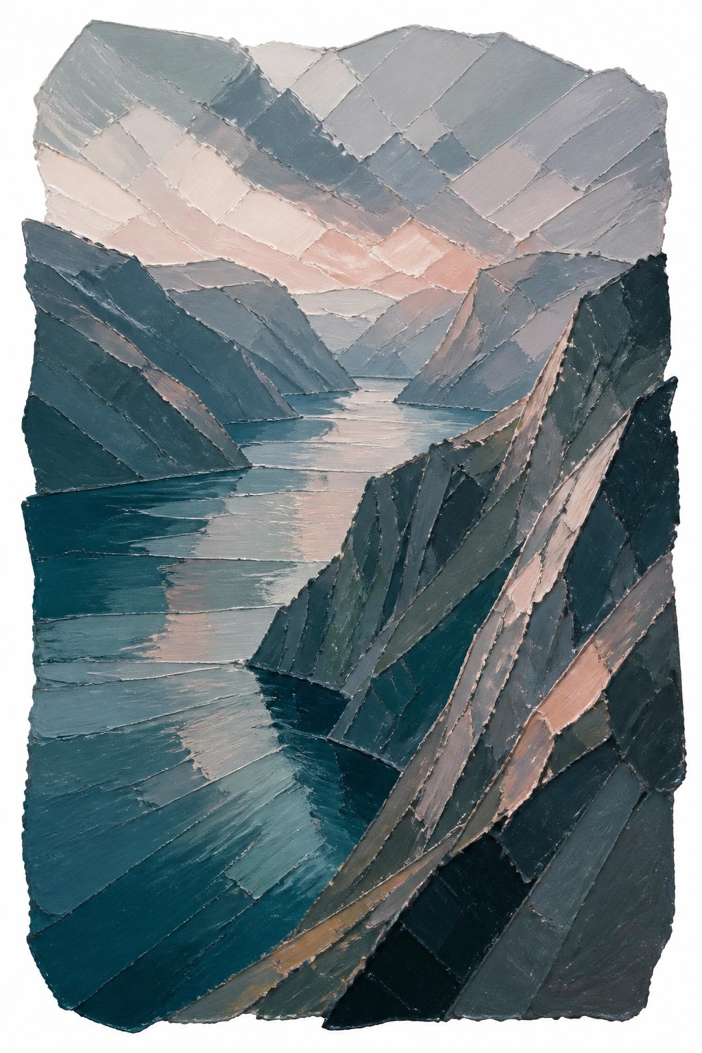 A textured modern painting of a blue fjord between angular dark mountains with pink sky reflections on the water.