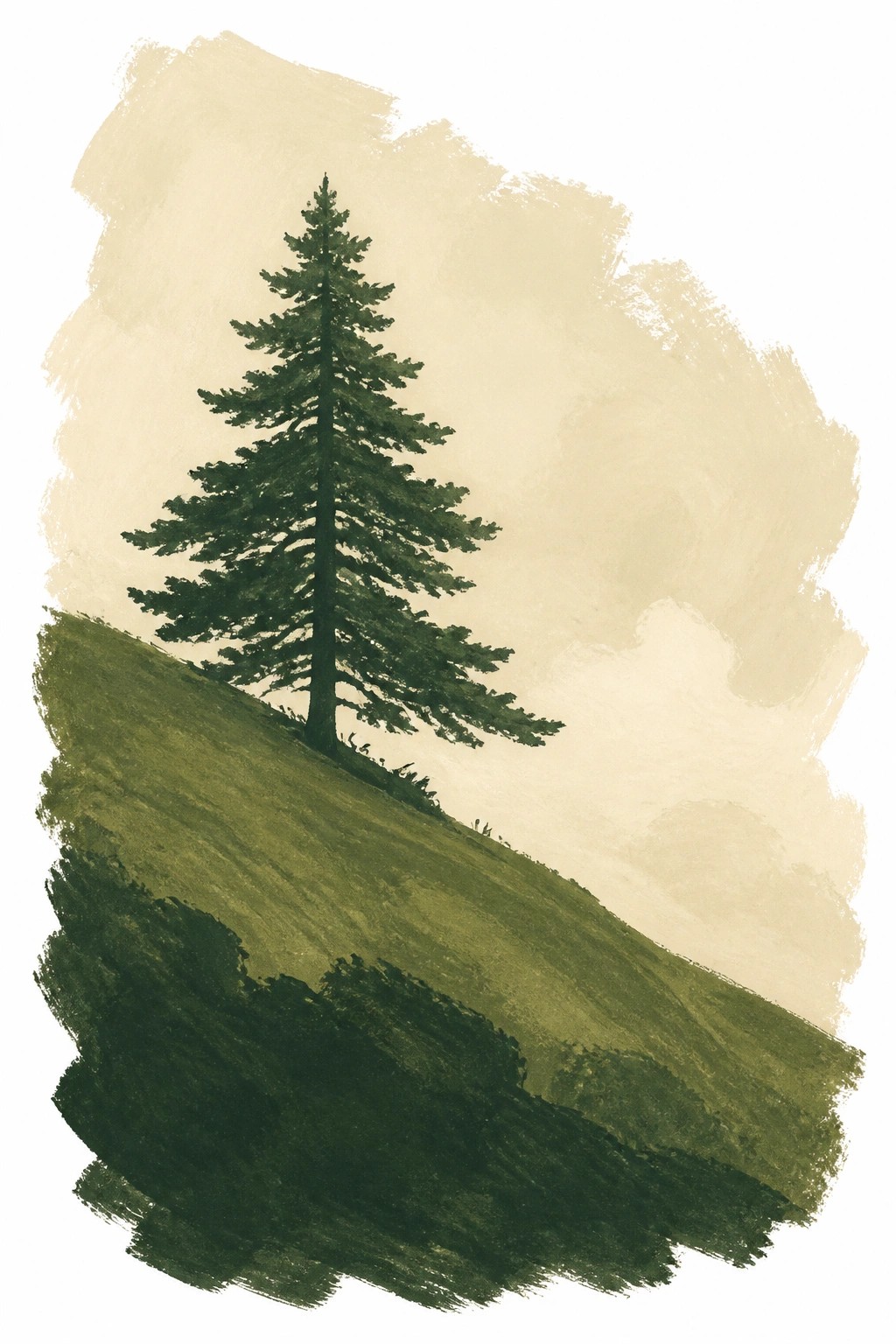 A minimalist painting of a tall dark green pine tree on an olive green hillside with visible brushstrokes against a light beige background.